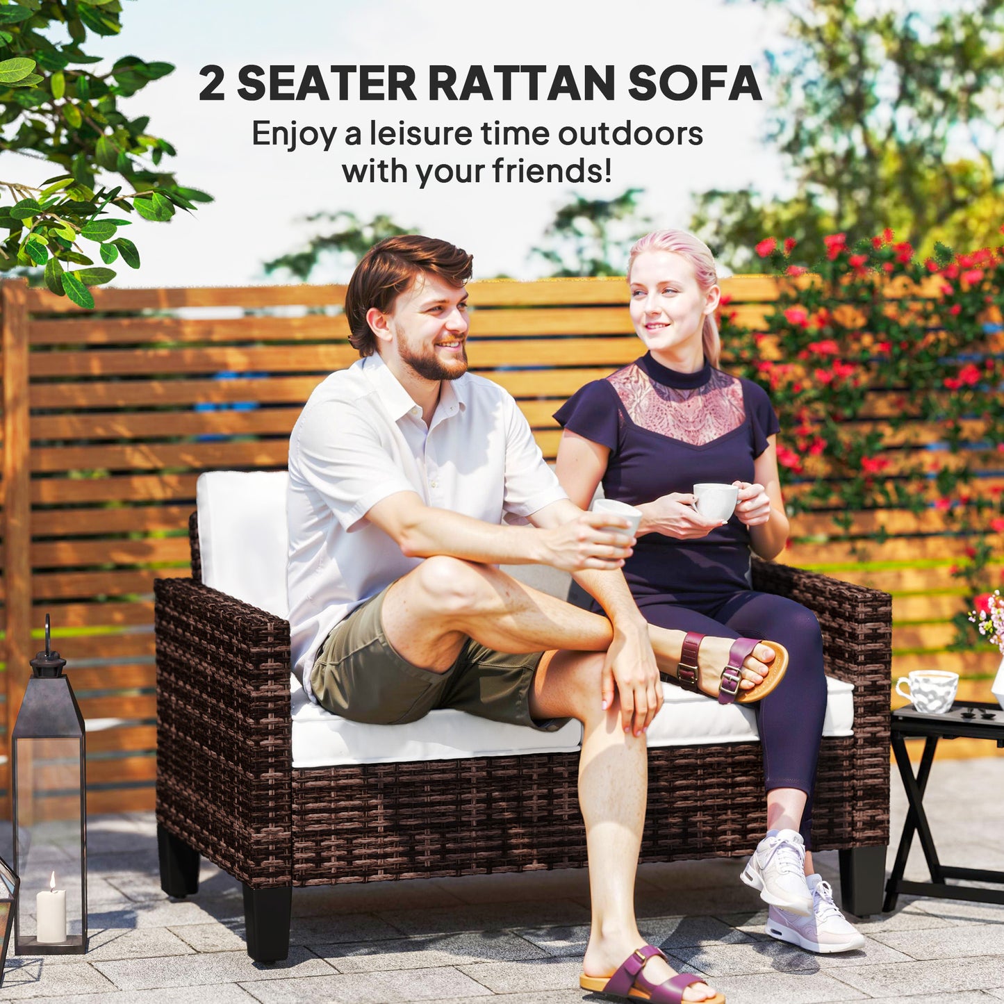 Outsunny Two Seater Rattan Outdoor Sofa Brown With Cushions And Adjustable Feet