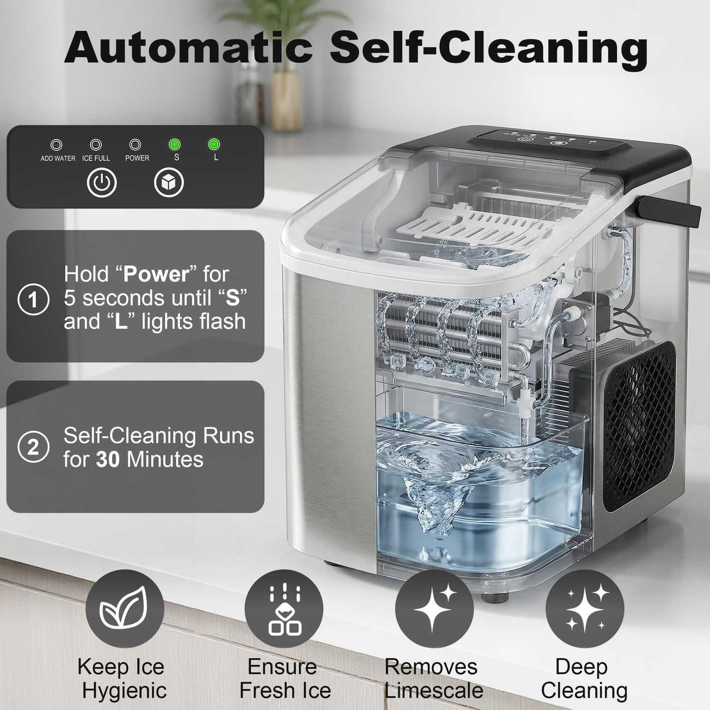 HOMCOM Ice Maker Countertop 9 Cubes in 7 Min 12 Kg per 24 Hours Self Cleaning Portable Handle Scoop Basket Two Ice Sizes