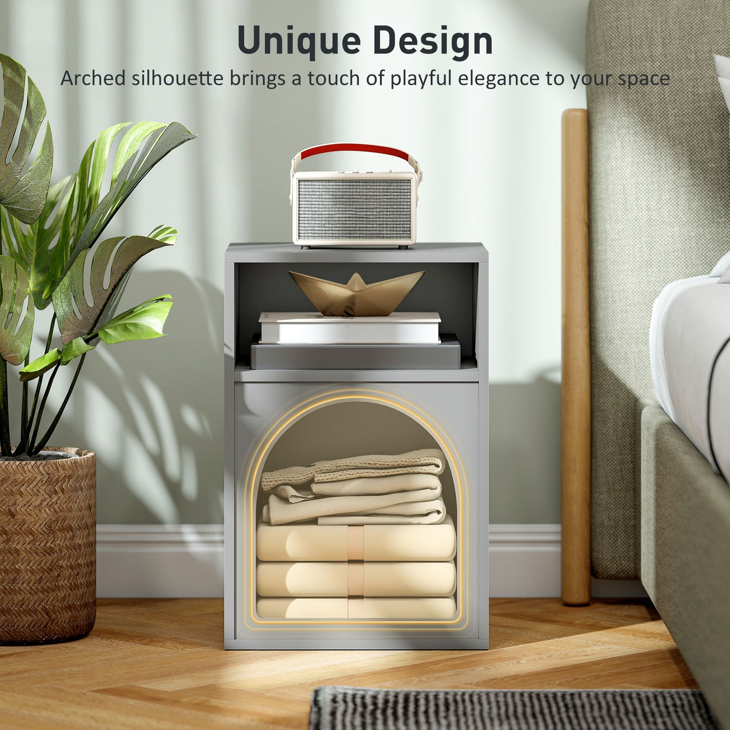 HOMCOM Bedside Table With Two Open Compartments Grey Arch Design End Table For Small Spaces