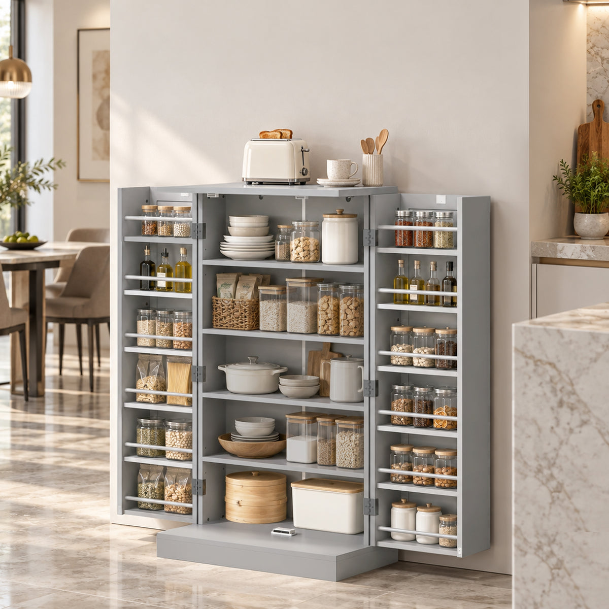 Grey kitchen pantry cabinet with open shelving and jar storage, angled