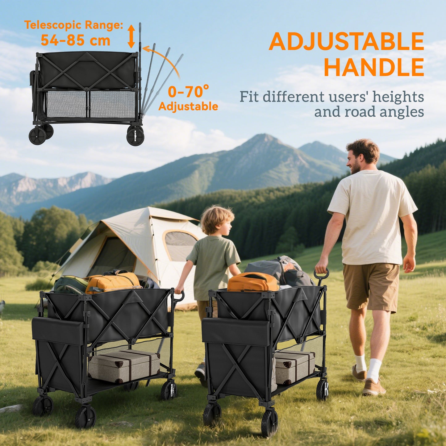 Outsunny Double Deck Folding Festival Wagon on Wheels 200kg 350L Capacity 134cm Extended for Camping Garden Beach