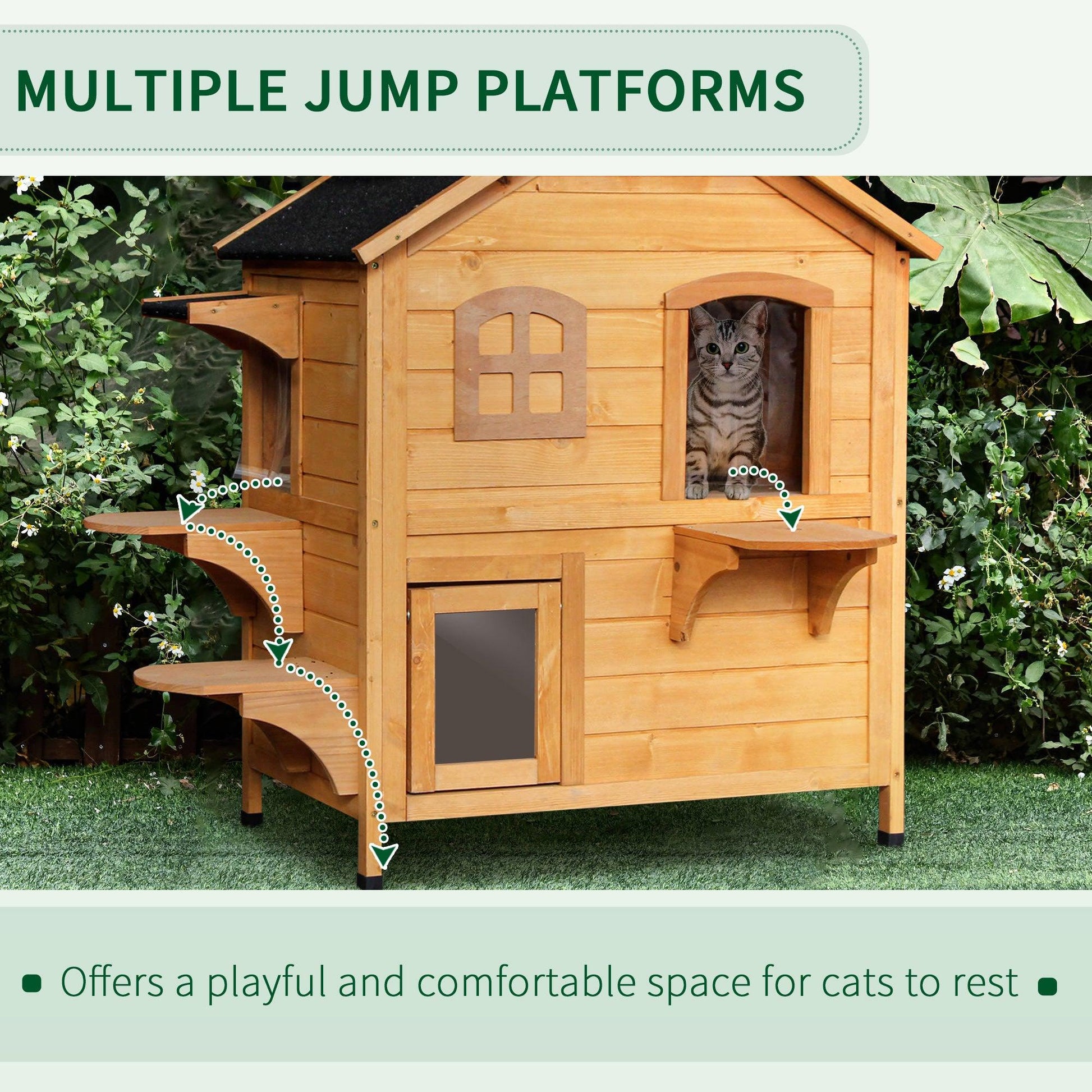 PawHut 2 Floor Wooden Cat House Condo - Outdoor Pet Shelter - ALL4U RETAILER LTD