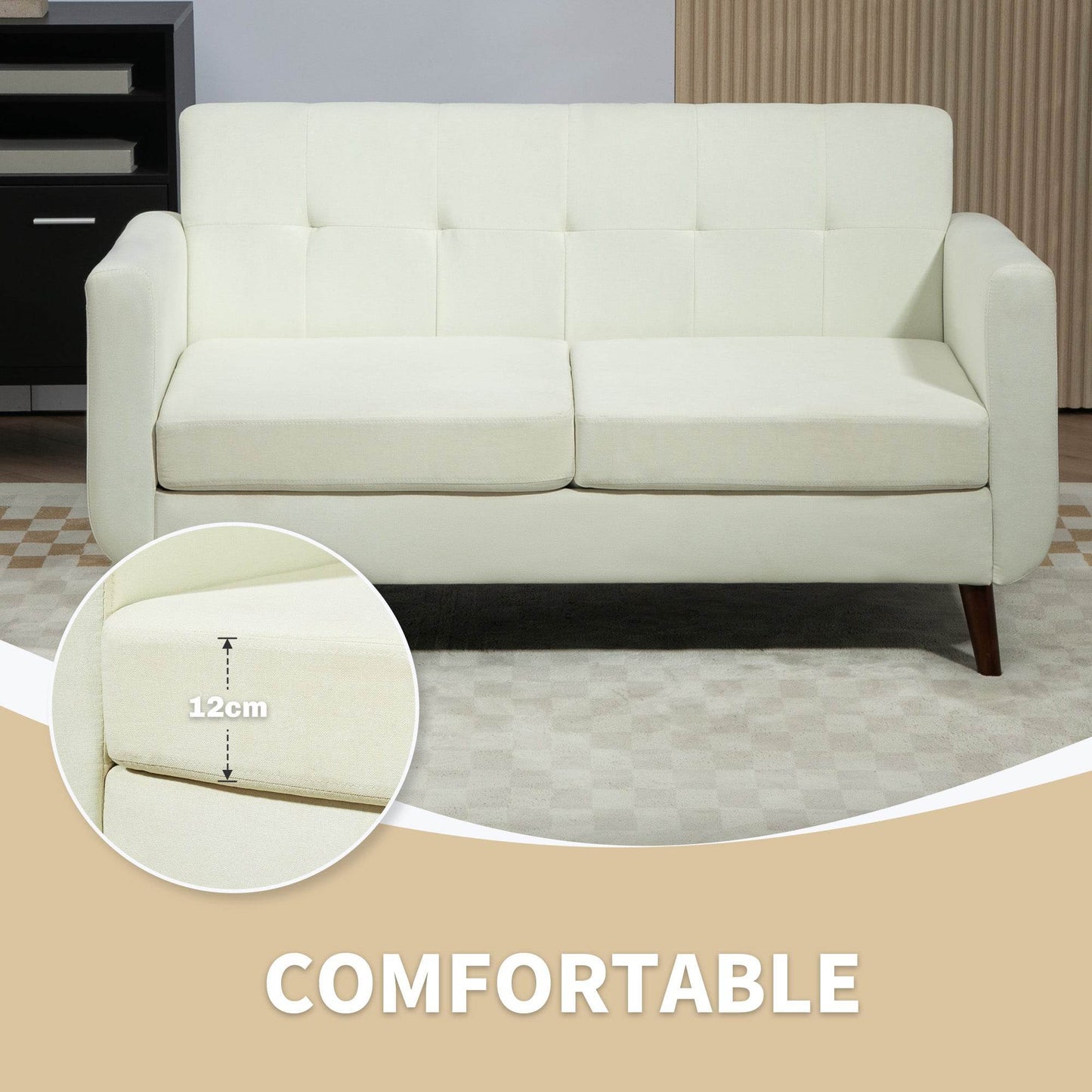 Modern Cream White Tufted Loveseat Sofa for Small Spaces - HOMCOM 2 Seater Upholstered Couch with Wood Legs - ALL4U RETAILER LTD