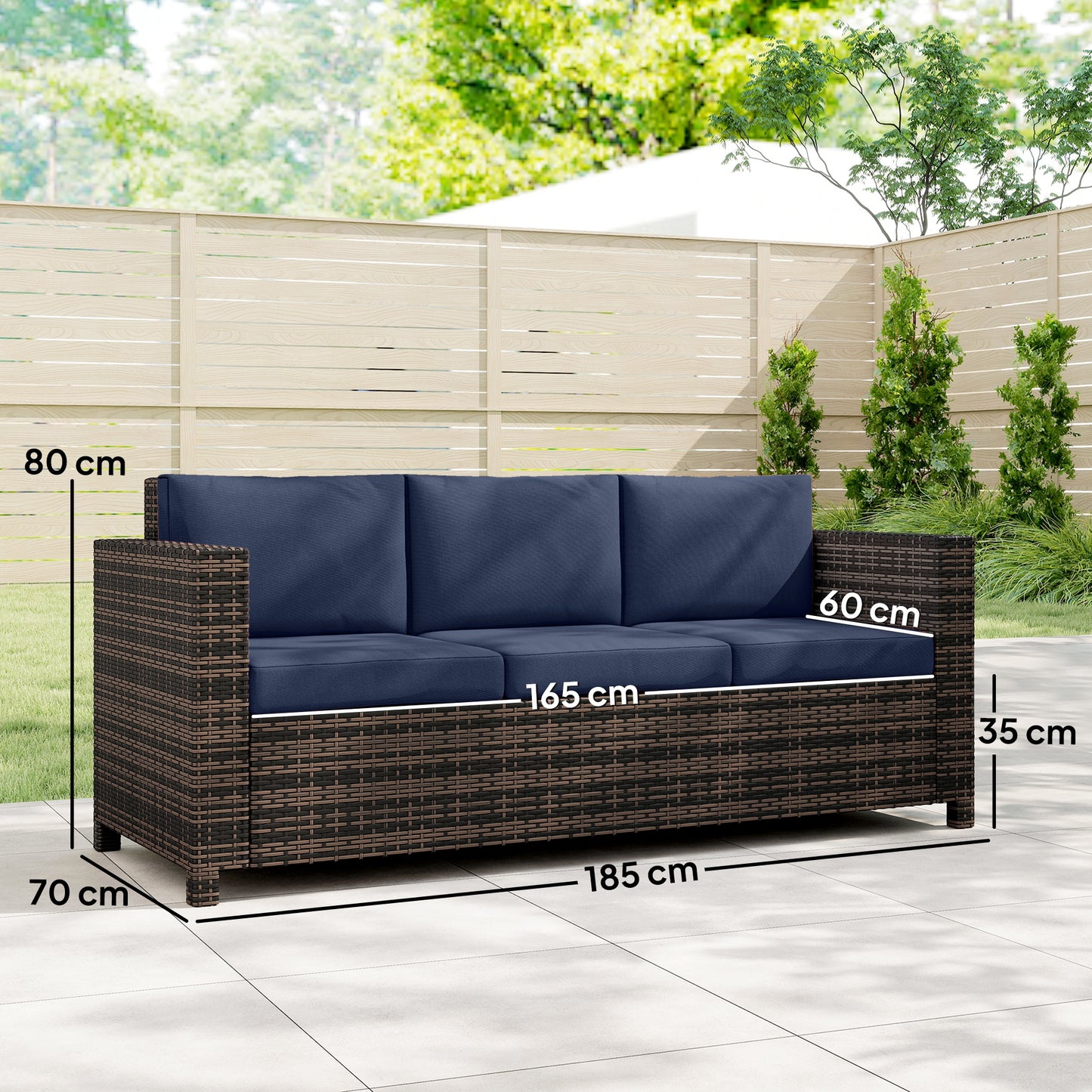 Outsunny 3 Seater Garden Rattan Sofa All Weather Wicker Weave With Steel Frame Water Resistant Cushions Dark Blue