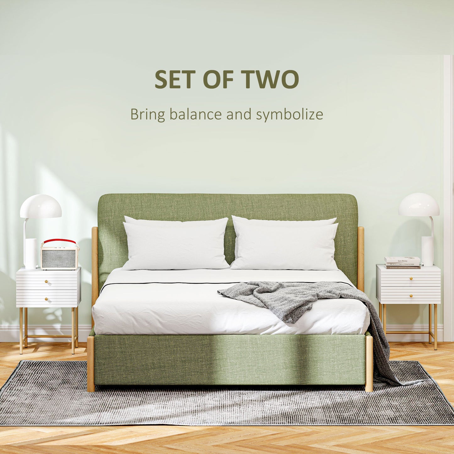 HOMCOM Set of Two Elegant Bedside Tables White and Gold Tone Finish with Two Drawers Nightstands