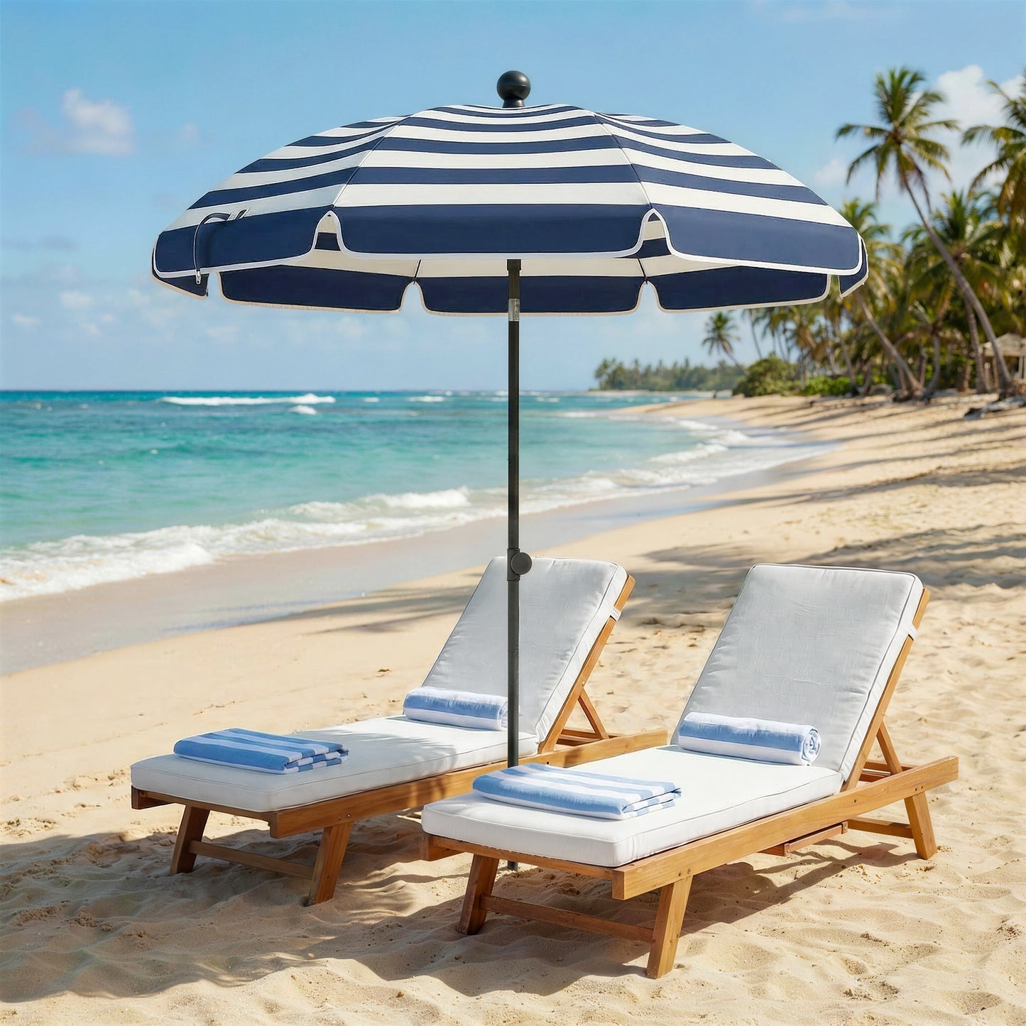 Outsunny 1.8 Meters Beach Umbrella With Sand Anchor Tilting 30 Degree Patio Sun Shade Adjustable Height Blue White