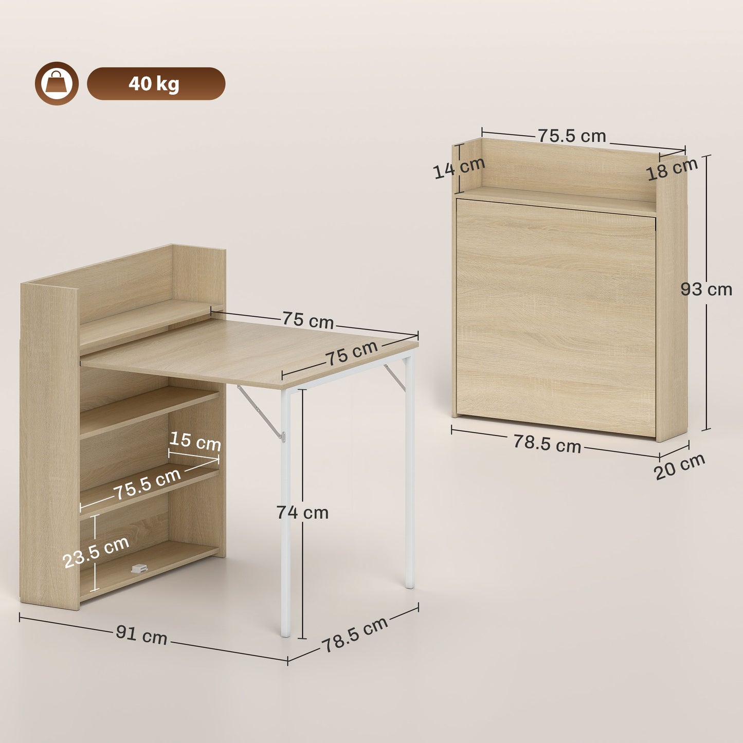 HOMCOM Folding Dining Table With 4 Tier Shelves Drop Leaf Kitchen Table In Oak Wood Effect
