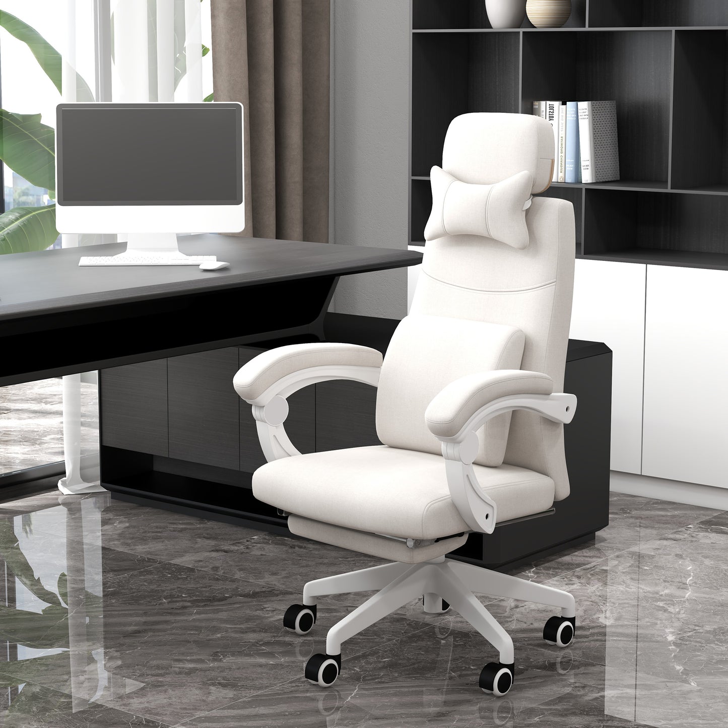 Vinsetto Ergonomic High Back Reclining Office Chair with Footrest and Lumbar Support - Adjustable Height and Swivel Wheels in White - ALL4U RETAILER LTD