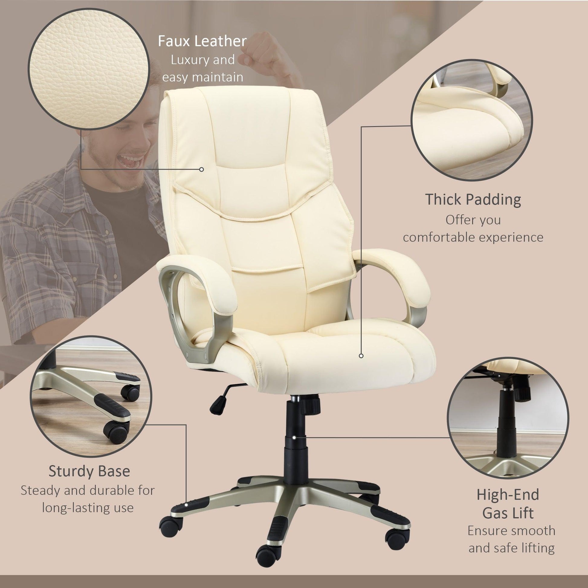 HOMCOM Home Office Chair High Back Computer Desk Chair with Faux Leather Adjustable Height Rocking Function Cream White - ALL4U RETAILER LTD