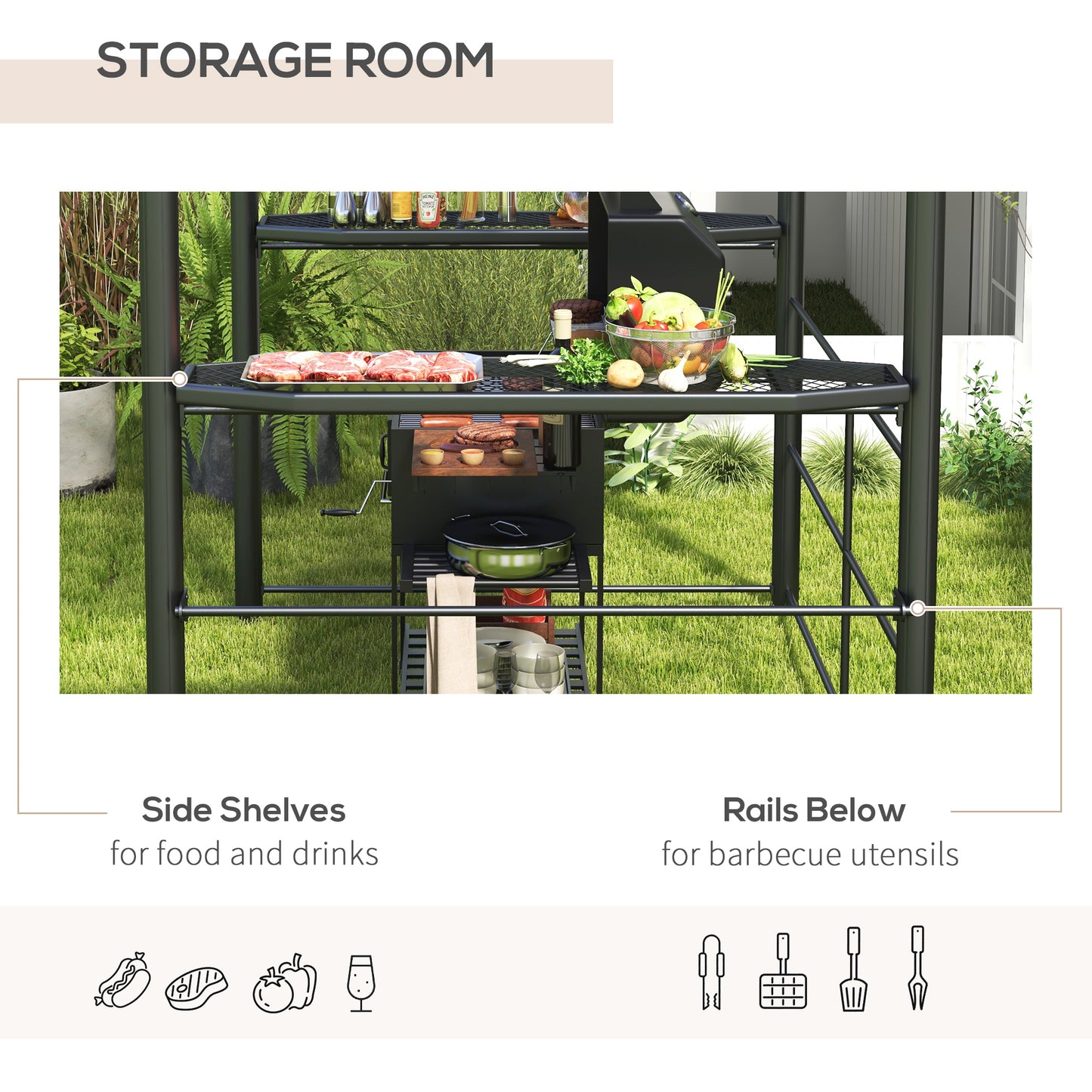 Outsunny 2.4 x 1.5m Weather-Resistant BBQ Gazebo with Shelves and PC Roof, Dark Grey - ALL4U RETAILER LTD