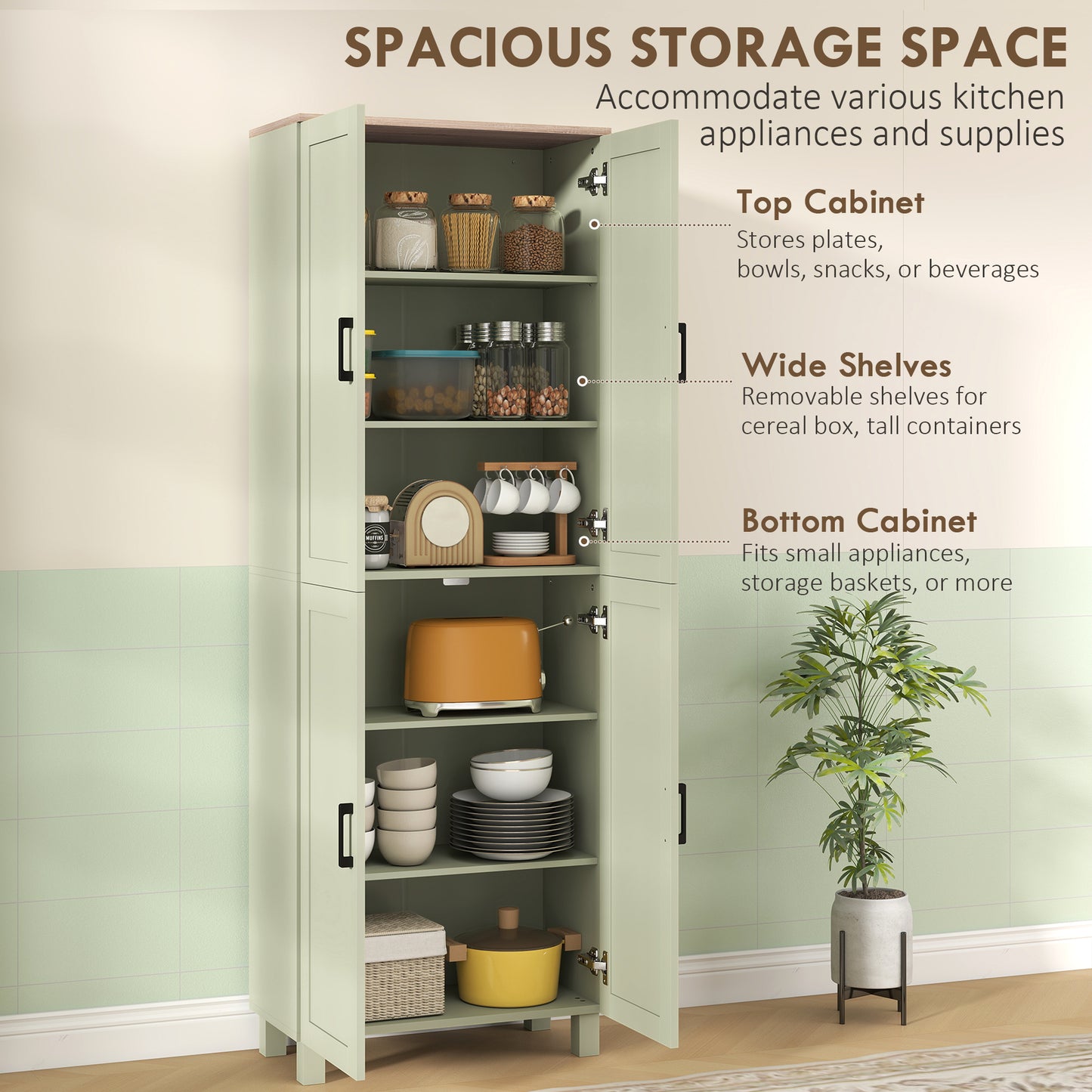 HOMCOM Freestanding Kitchen Pantry Cabinet Four Door Storage With Adjustable Shelves 170cm Tall Green