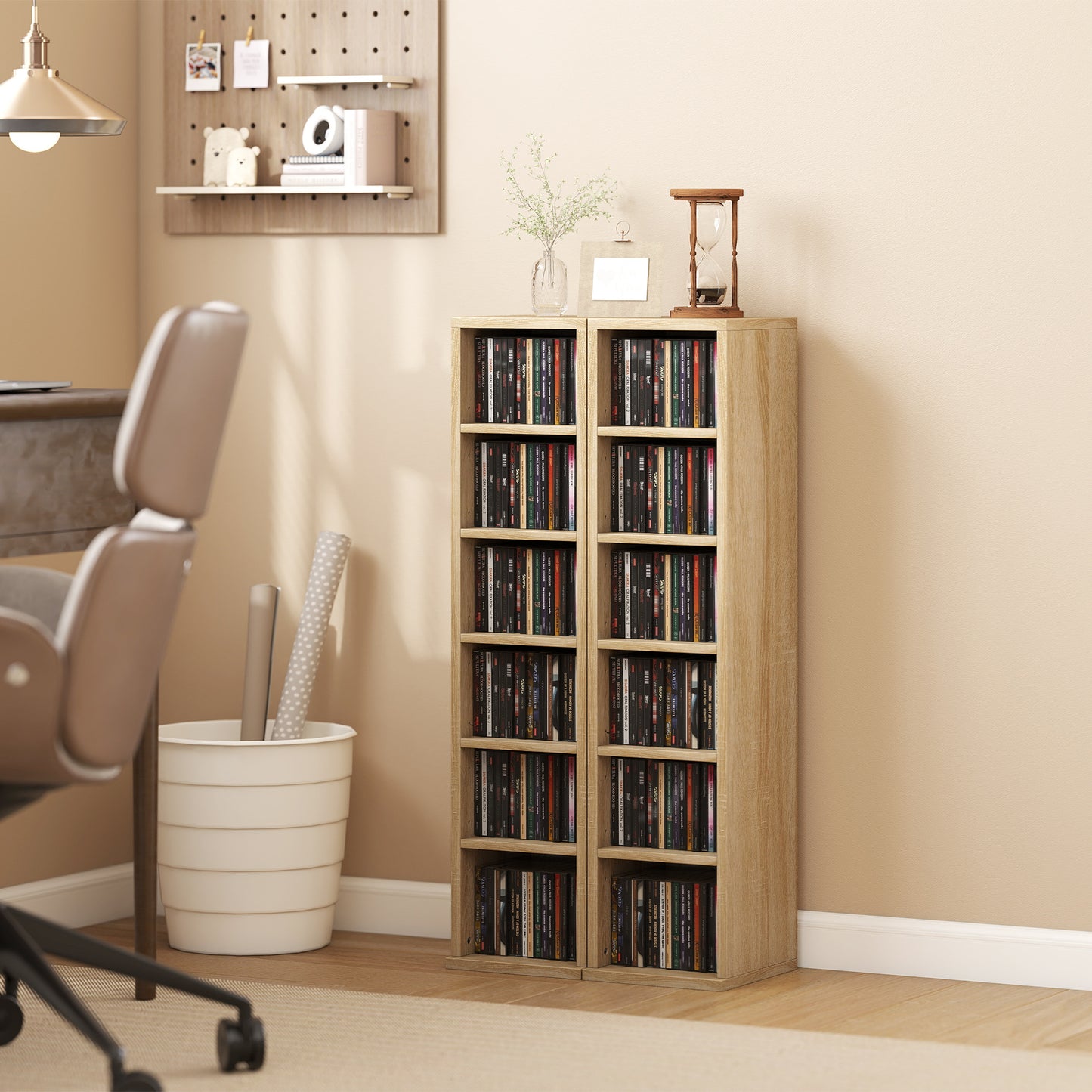 HOMCOM Set Of 2 CD Media Display Shelf Unit Tower Racks With Adjustable Shelves Oak Finish