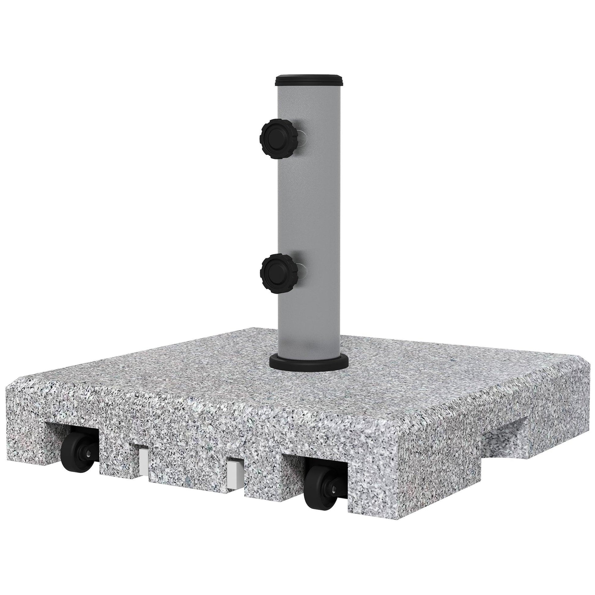 Outsunny Granite Parasol Base, 28kg Heavy Duty Square Umbrella Stand with Wheels, Retractable Handle, Stainless Steel Tube, Grey - ALL4U RETAILER LTD