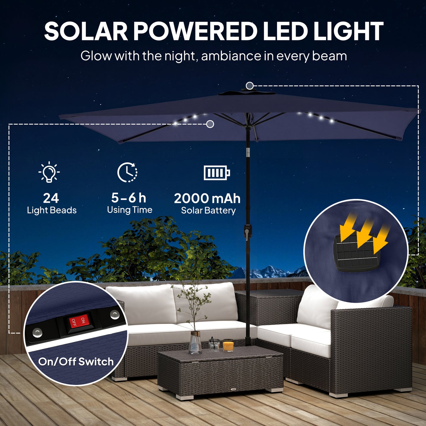 Outsunny 3 x 2 m Garden Parasol With LED Solar Lights Outdoor Market Patio Umbrella Navy Blue
