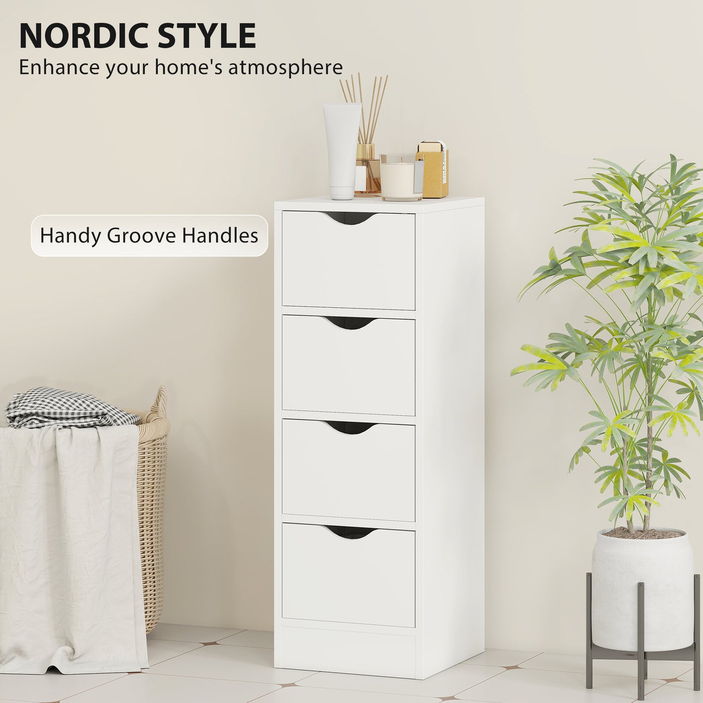 HOMCOM White 4 Drawer Bathroom Cabinet Freestanding Narrow Storage With Groove Handles For Small Spaces Nordic Style