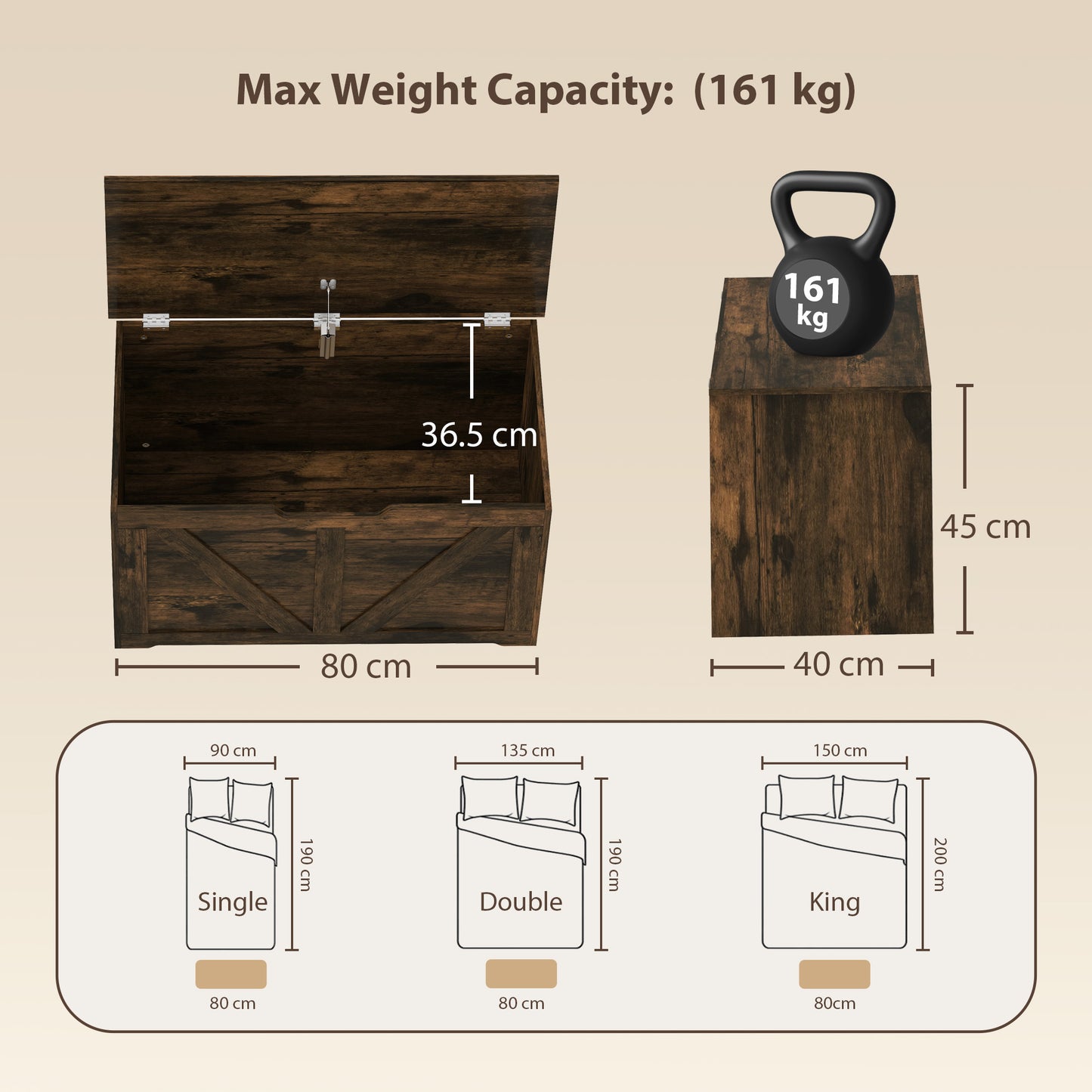HOMCOM 100L Storage Box With Safety Hinge Rustic Brown Wood Effect Bench Trunk For Home Organization