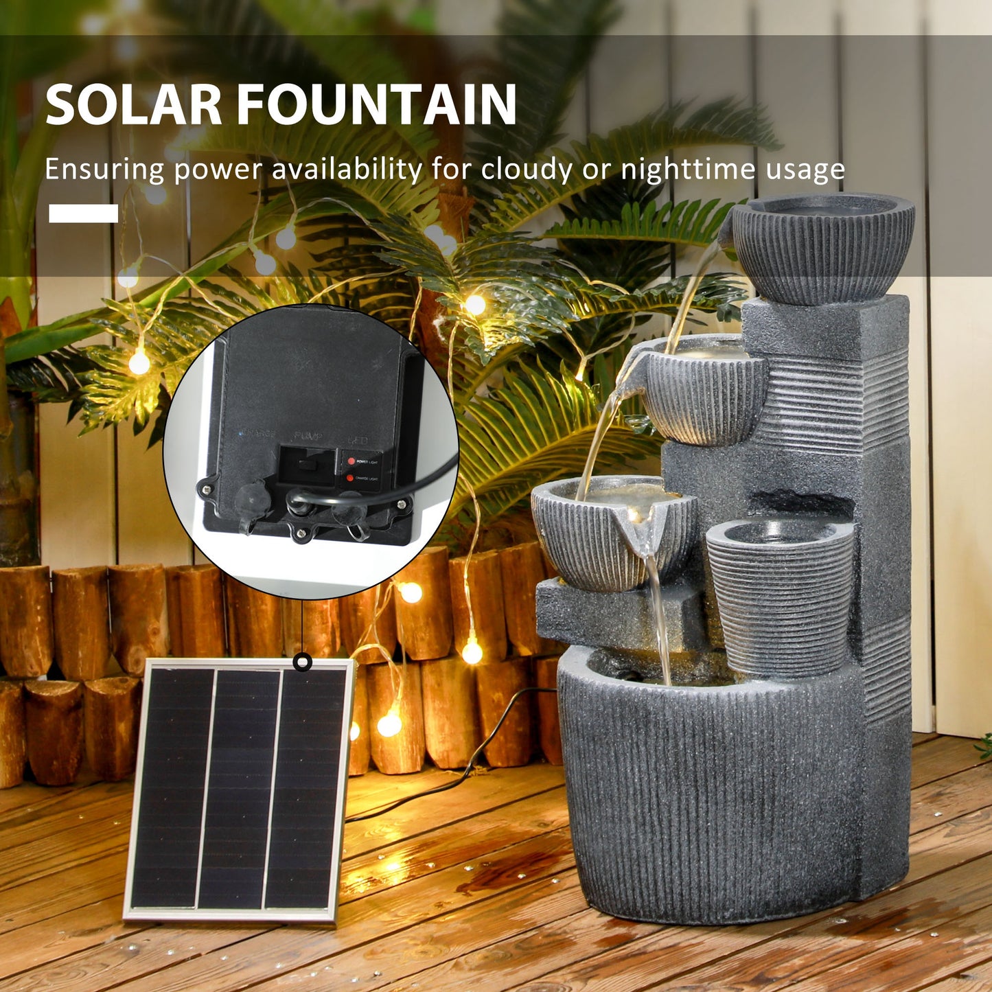 Outsunny Solar Powered Outdoor Water Fountain Four Tier Zen Garden Decoration Dark Grey