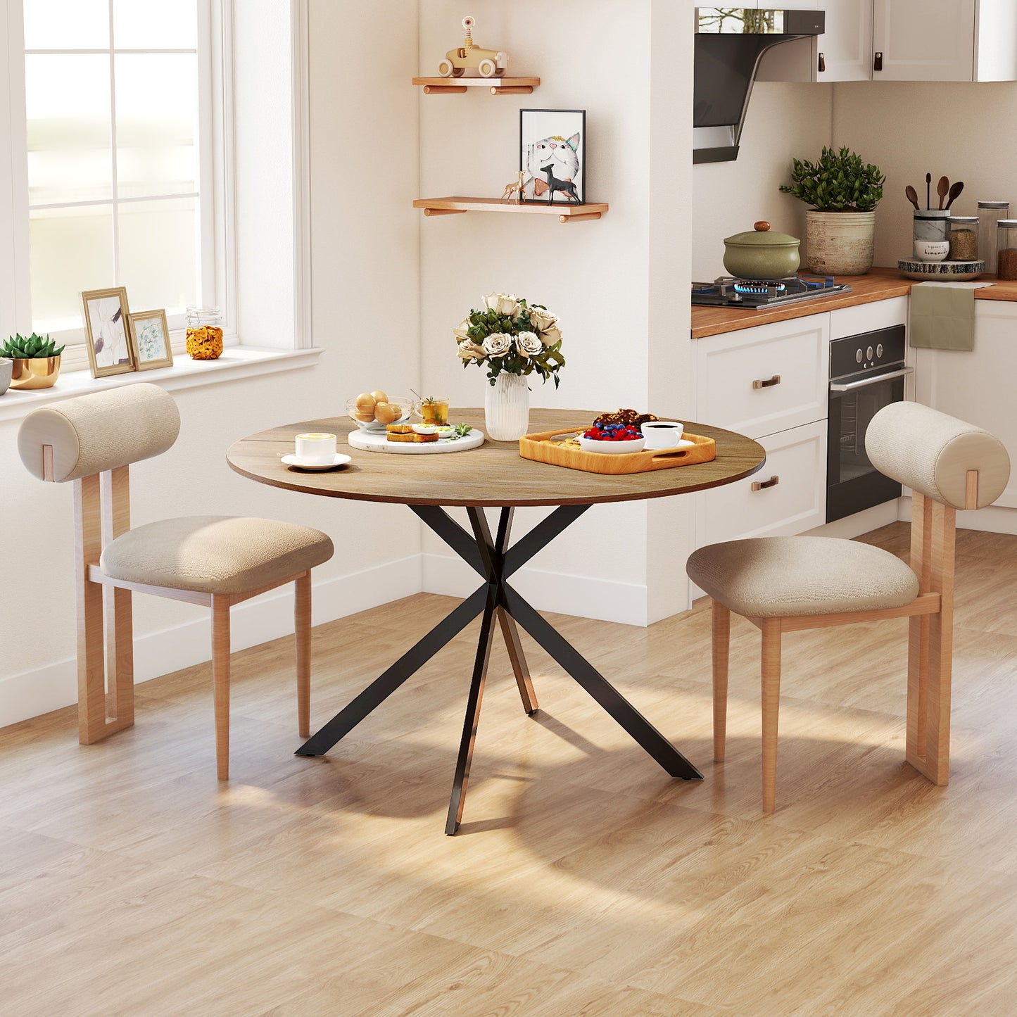 HOMCOM Dining Table For 4, 120 Cm Round Industrial Kitchen Table With Wood Effect Top And Steel Legs, Oak