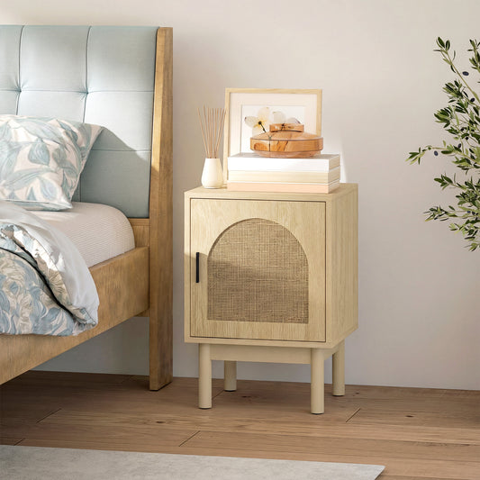 HOMCOM Rattan Bedside Table For Bedroom Natural Wood Arch Rattan Door Two Tier Design With Adjustable Shelving