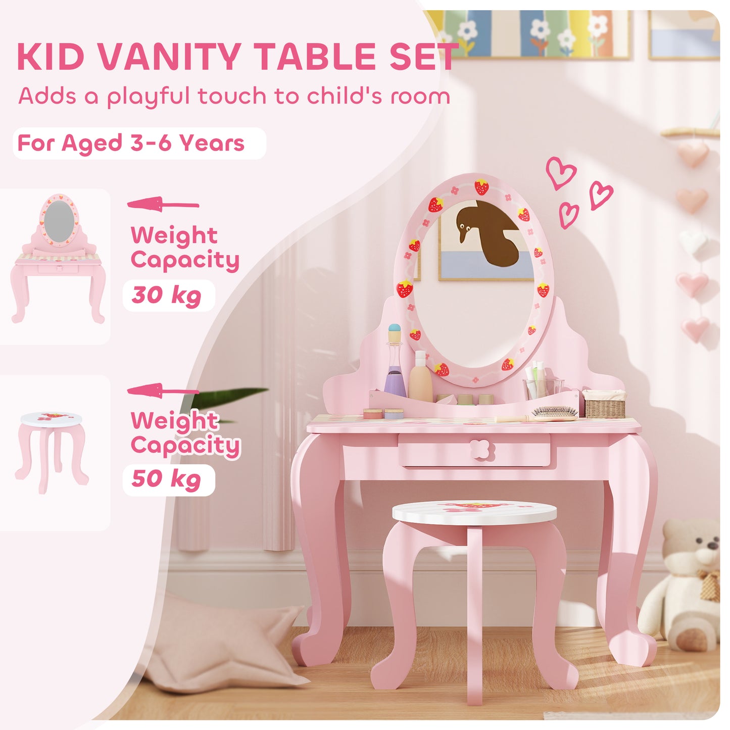 AIYAPLAY Kids Dressing Table Set Vanity With Stool Mirror Drawer Storage Strawberry Theme Pink