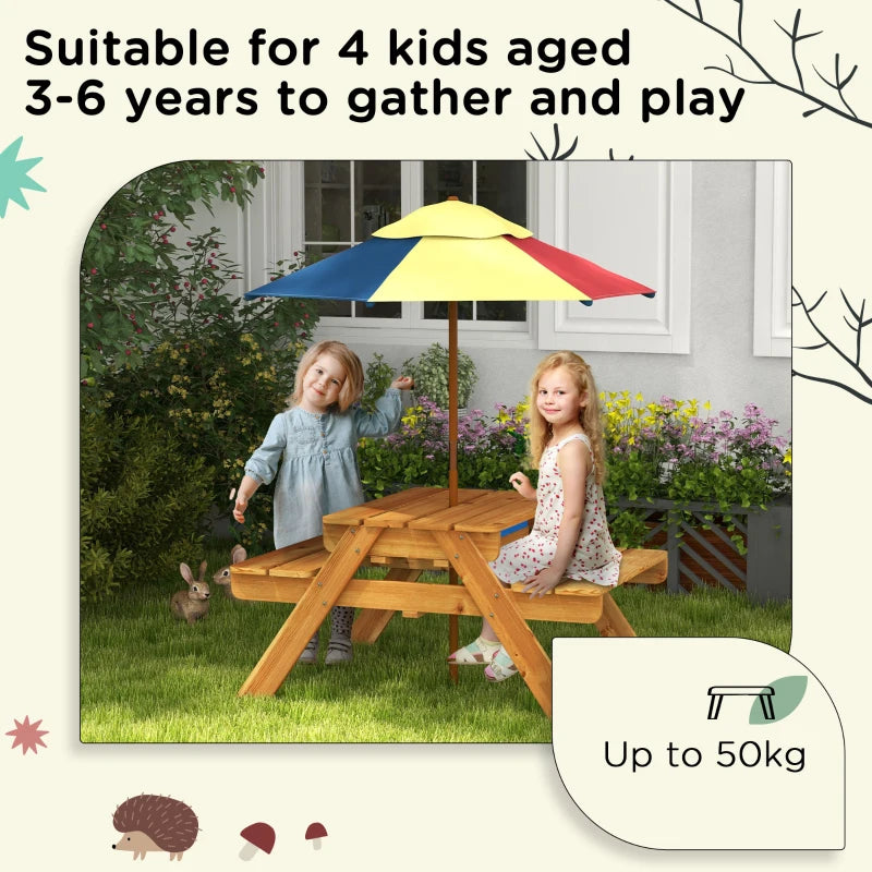 Outsunny Kids Picnic Table Set w/ Sand and Water, Removable Parasol - Brown