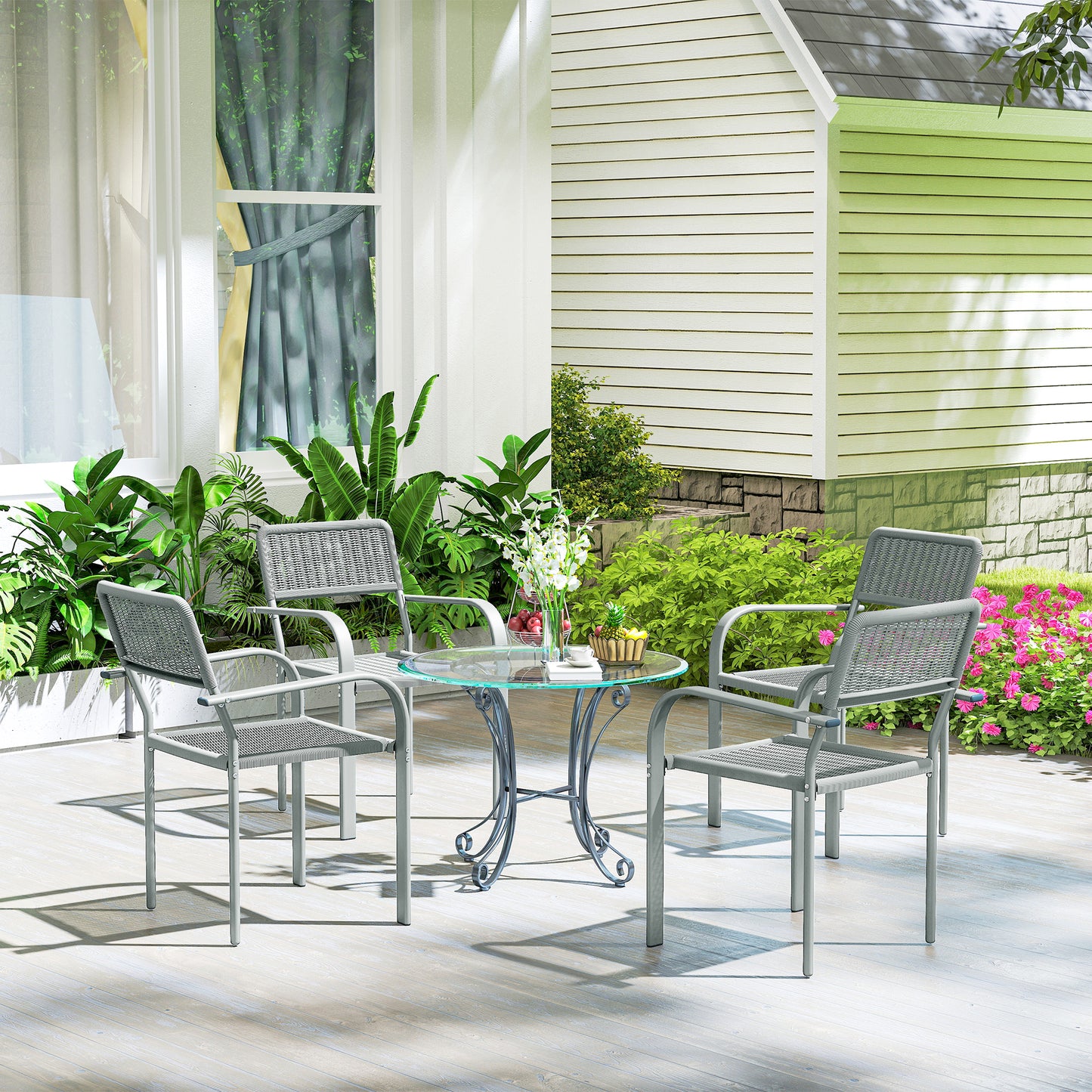 Outsunny Stackable Garden Chairs Set of 4 Rattan Effect Outdoor Dining Chairs Light Grey