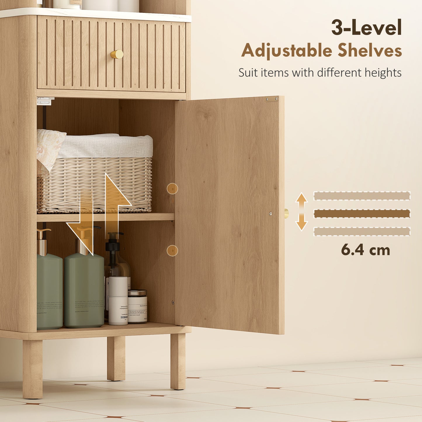 HOMCOM Slim Bathroom Cabinet With Silent Drawer Rail In Wood Finish For Scandinavian Japanese Adjustable Shelves