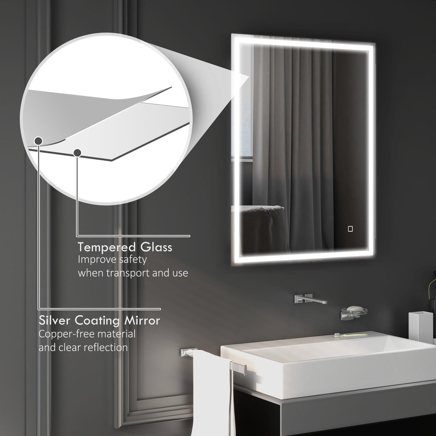 HOMCOM 90 x 70cm LED Bathroom Mirror with Lights, Dimmable Makeup Mirror, Vanity Mirror with 3 Colour, Smart Touch, Anti-Fog - ALL4U RETAILER LTD