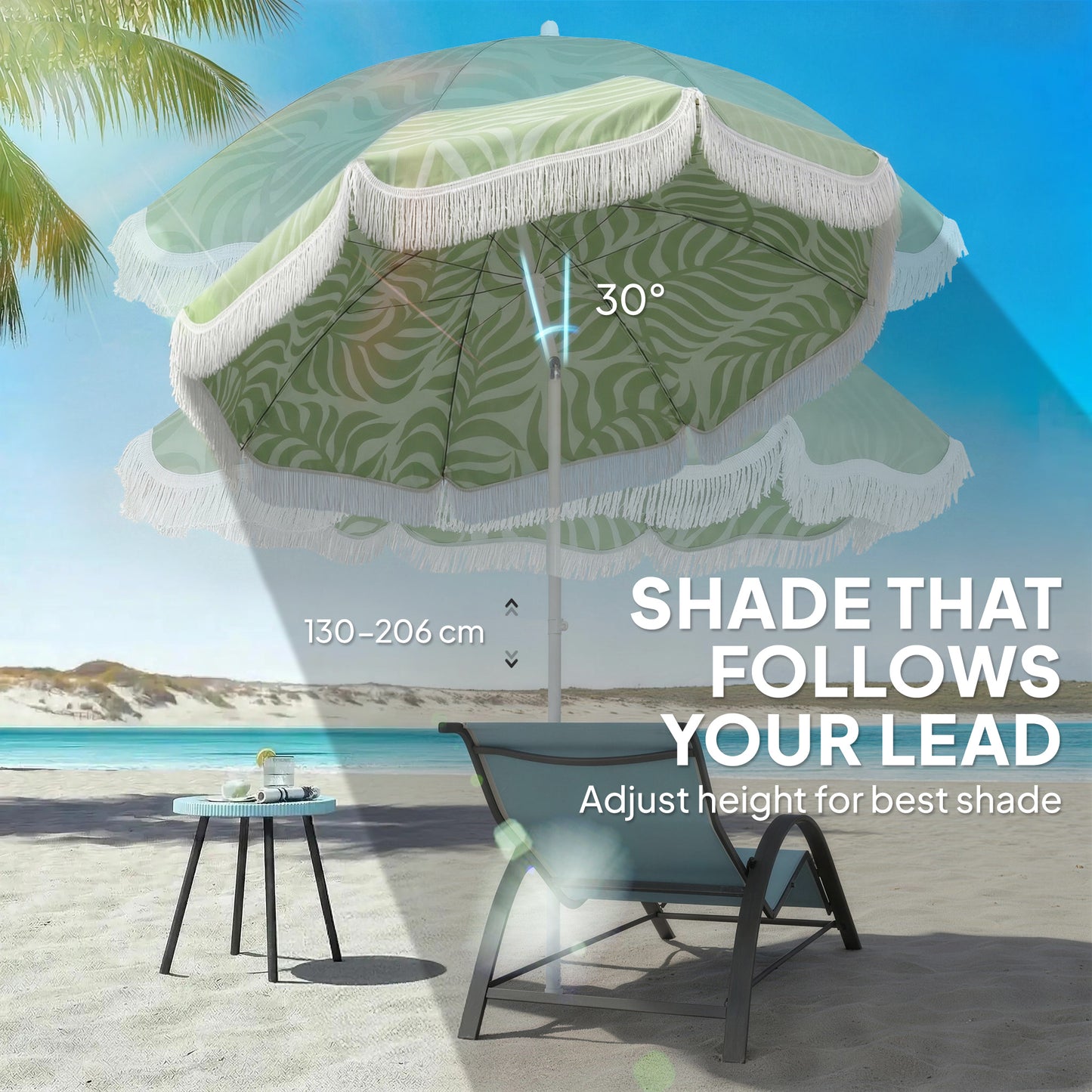 Outsunny 1.8m Beach Umbrella Parasol With Sand Anchor Portable Tilting Garden Adjustable Height Green