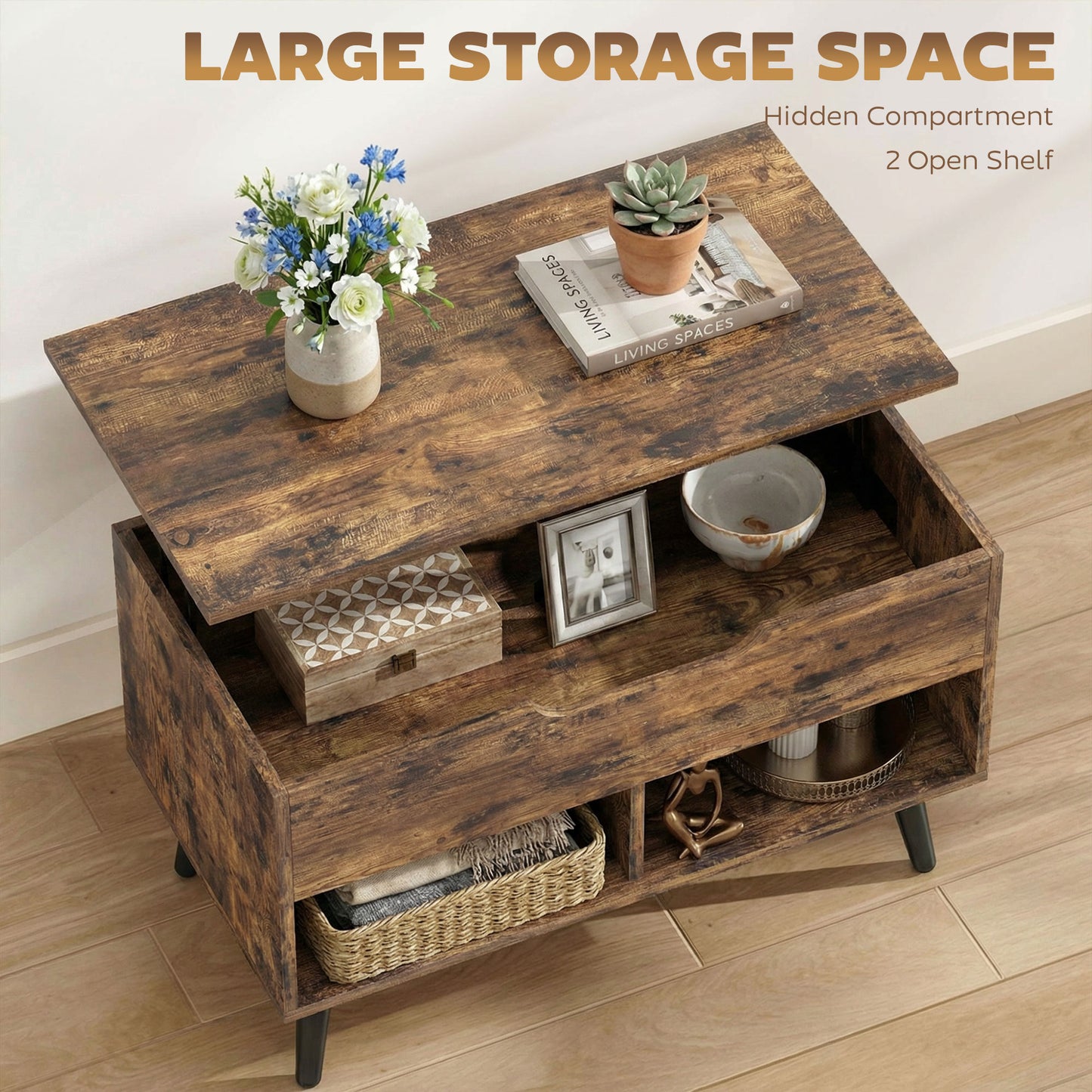 HOMCOM Lift Top Coffee Table With Hidden Storage For Living Room And Metal Legs 75 cm Rustic Brown