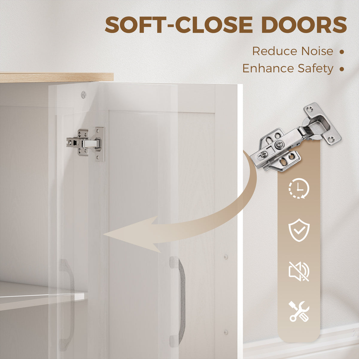 Sideboard door hinge and soft-close mechanism detail inside the cabinet