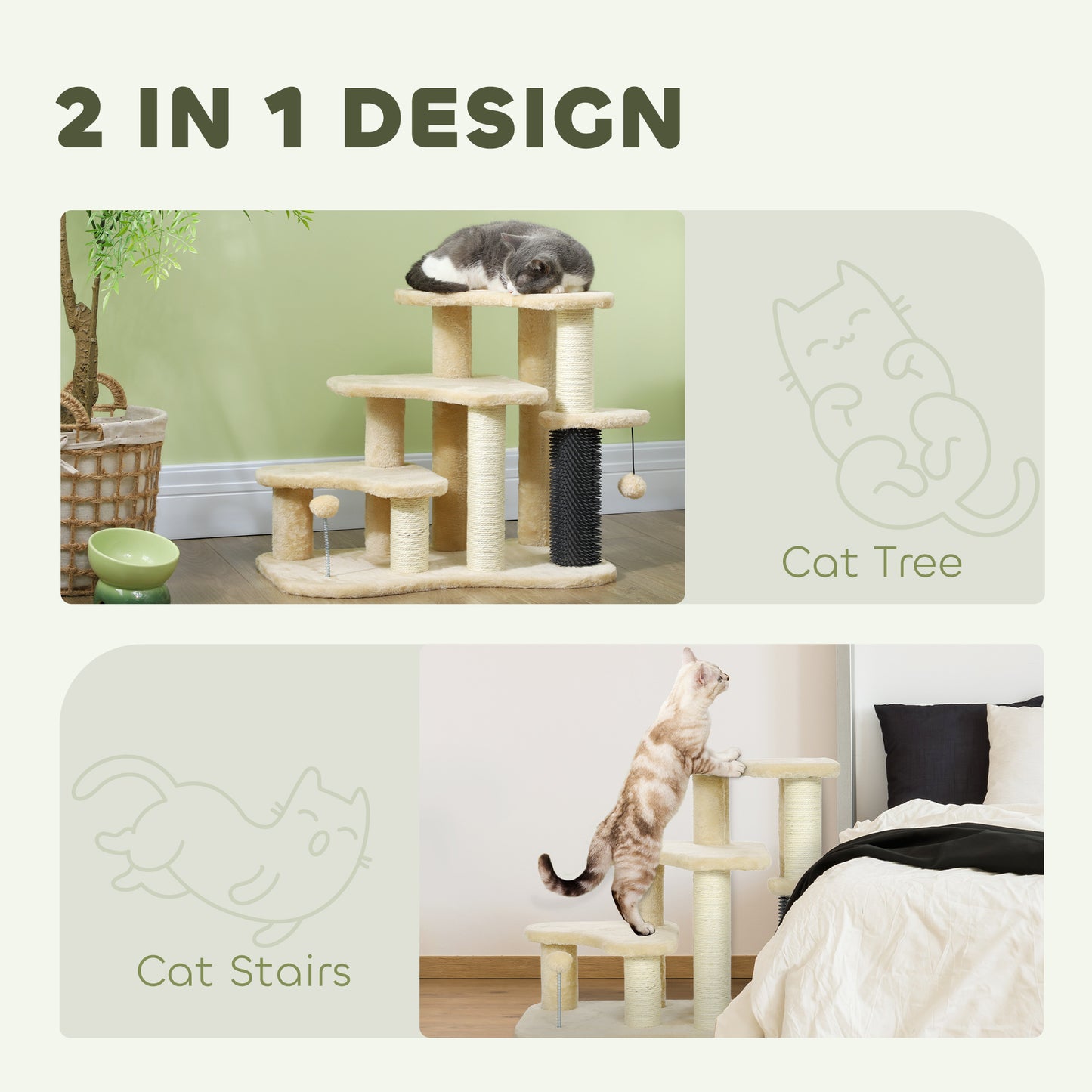 PawHut Beige 2-in-1 Cat Tree and Pet Stairs with Scratching Post and Toy Balls