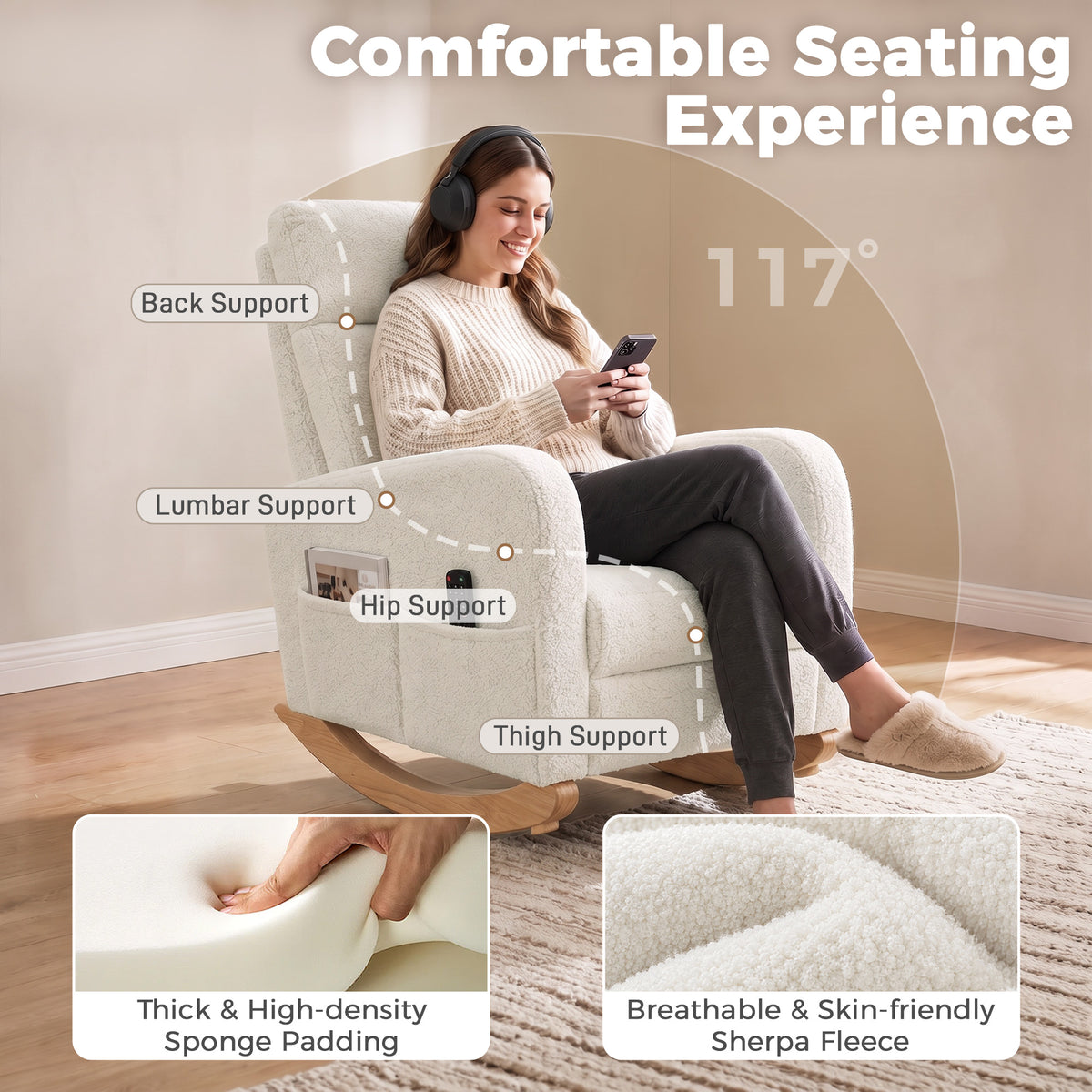Homcom Sherpa Fleece Rocking Chair With High Back And Side Pockets