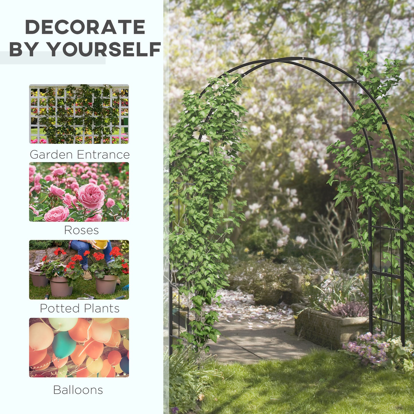 Outsunny 223cm Garden Arch Trellis Outdoor Wedding Arbor For Climbing Roses Vines And Plants Black Metal
