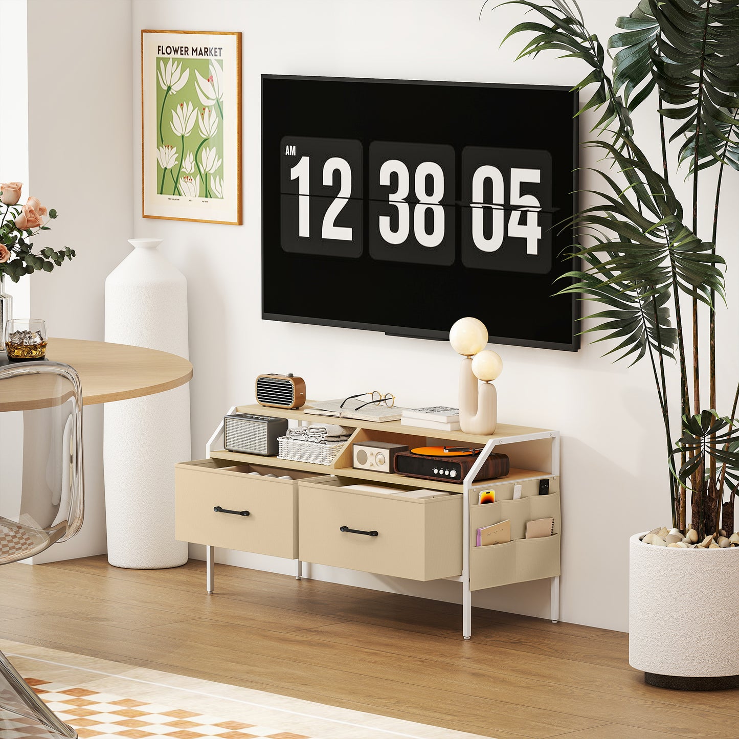 HOMCOM Industrial Style TV Stand Cabinet Natural Wood Finish With Two Drawers and Shelves and Side Pockets for 55in TV