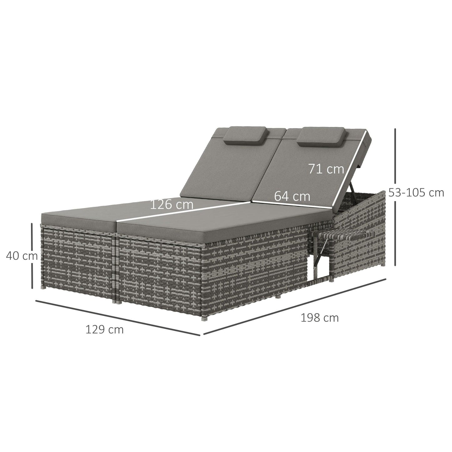 Outsunny 2 Seater Rattan Day Bed w/ Fire Retardant Cushions Grey - ALL4U RETAILER LTD