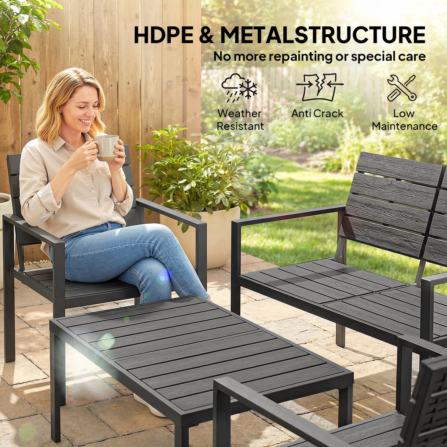 Outsunny 4 Piece Outdoor Garden Furniture Set With HDPE Slats Loveseat Two Armchairs Coffee Table Metal Frame Black