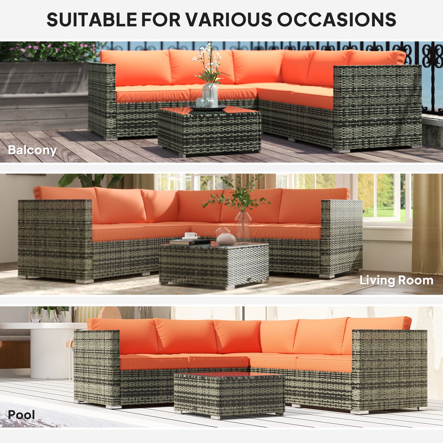 Outsunny Four Piece Rattan Outdoor Corner Sofa Set With Glass Table Orange Grey Cushions