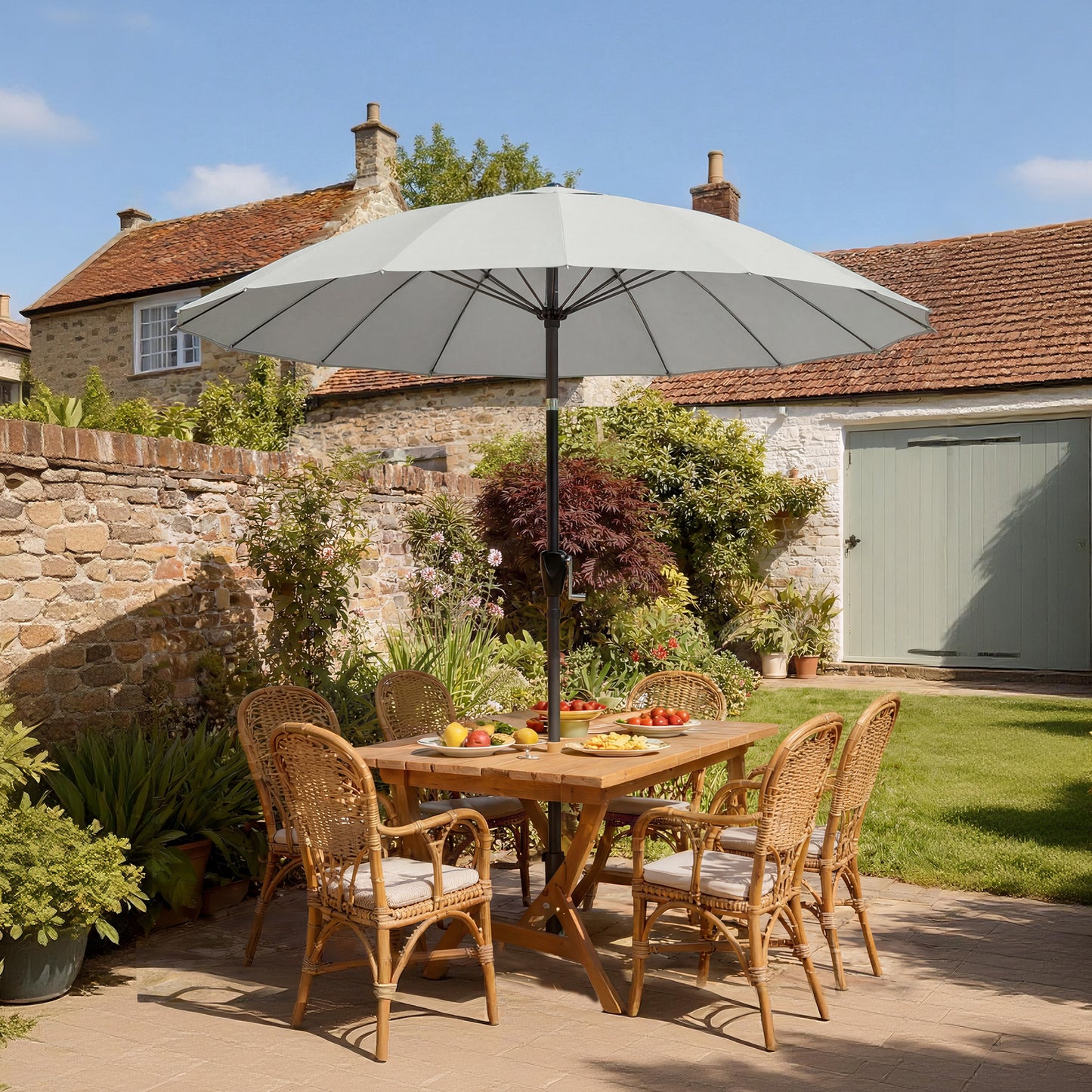Outsunny 2 Meter Shanghai Garden Parasol Umbrella With 16 Fibreglass Ribs And Crank Tilt UPF30 Plus Light Grey