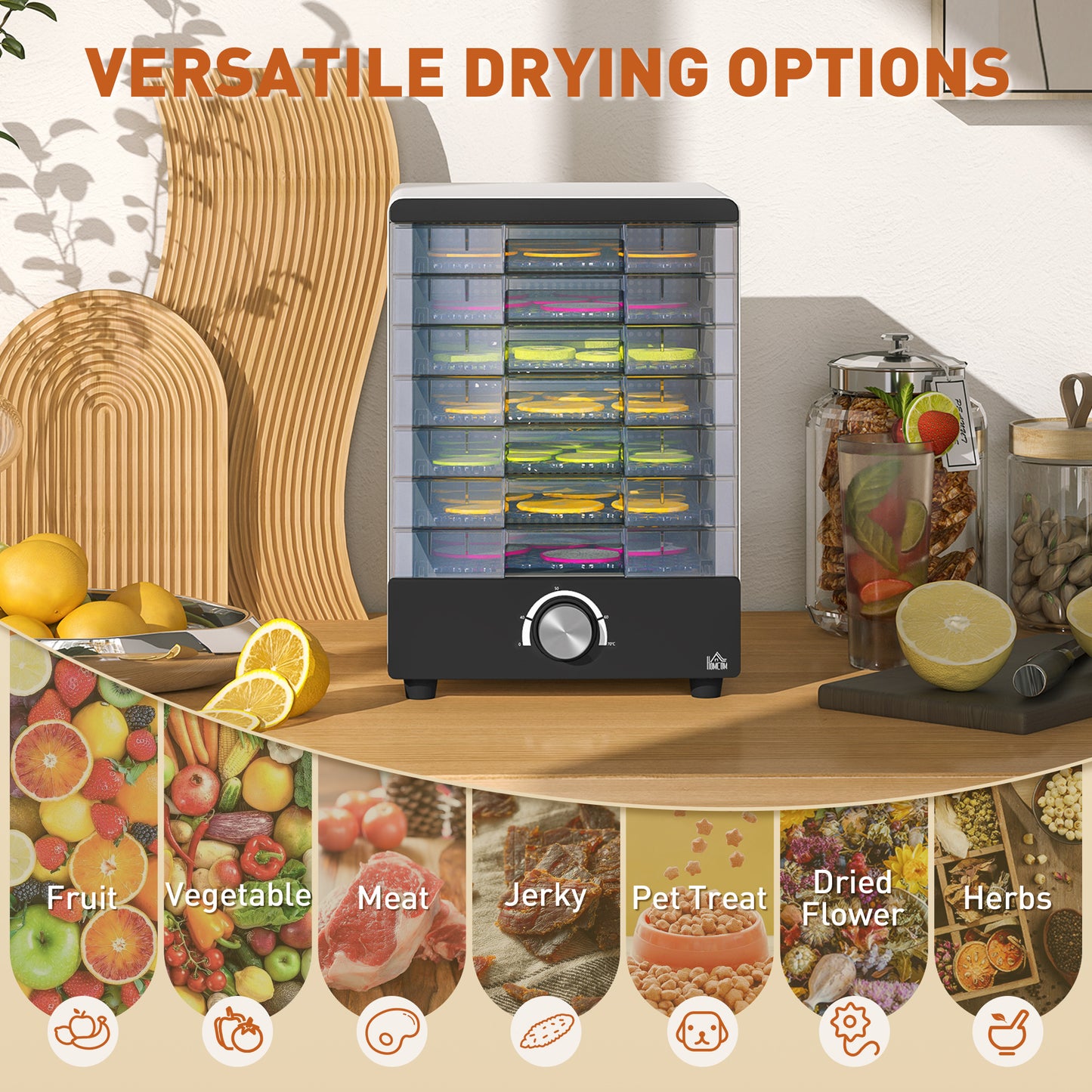 HOMCOM Seven Tray Food Dehydrator With Temperature Control 40 To 70 Celsius White Finish