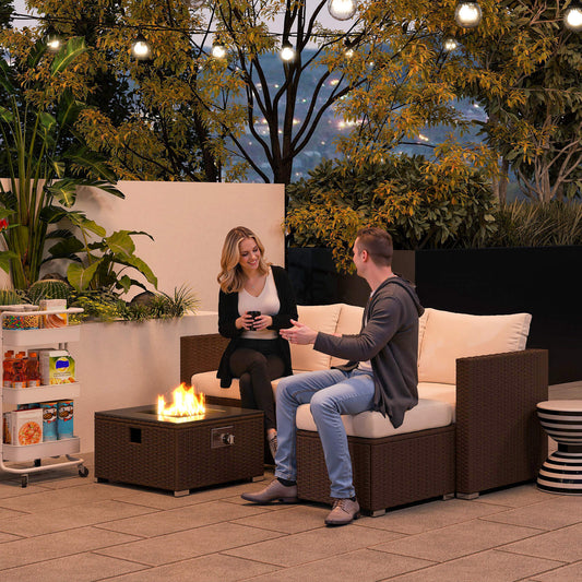 Outsunny Five Piece Rattan Garden Furniture Set With Gas Fire Pit Table And Footstool Brown And Cream White