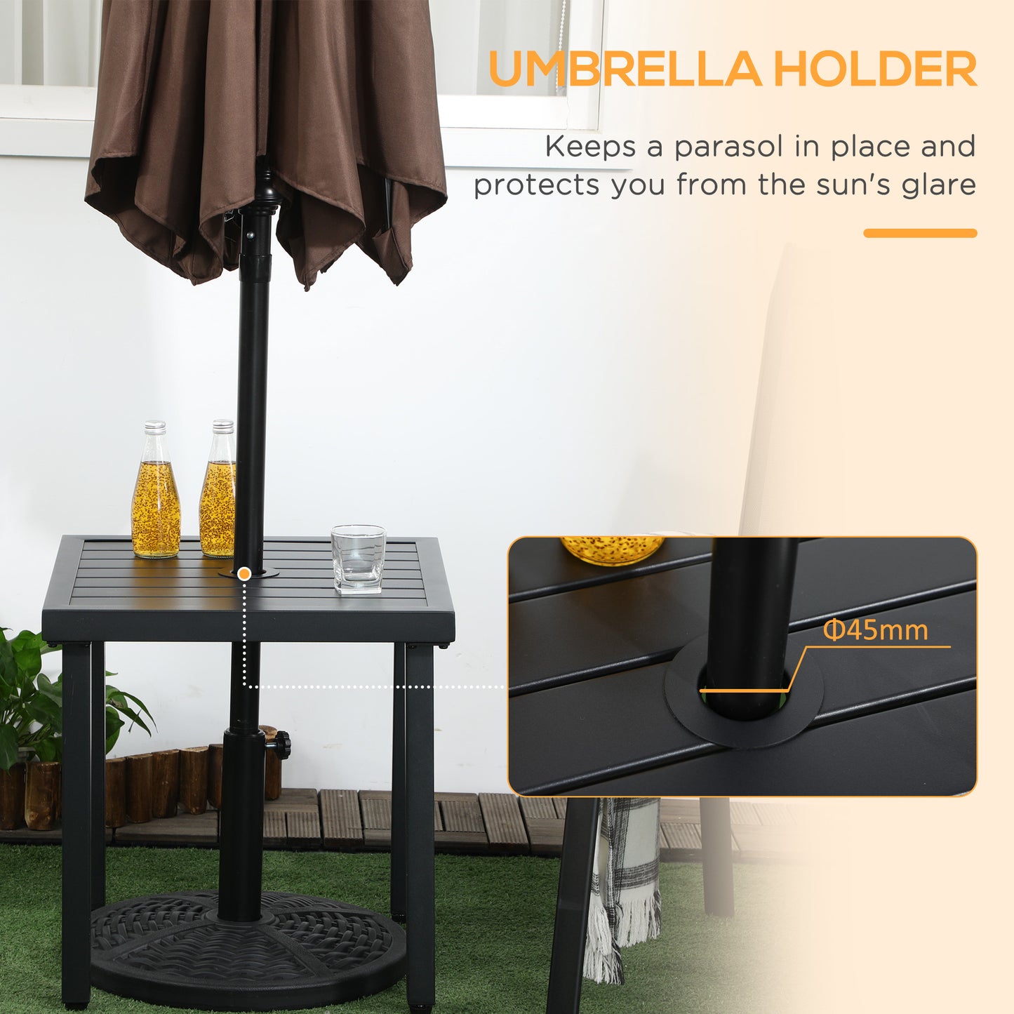 Outsunny Black Steel Outdoor Side Table with Umbrella Holder for Balcony and Garden - ALL4U RETAILER LTD