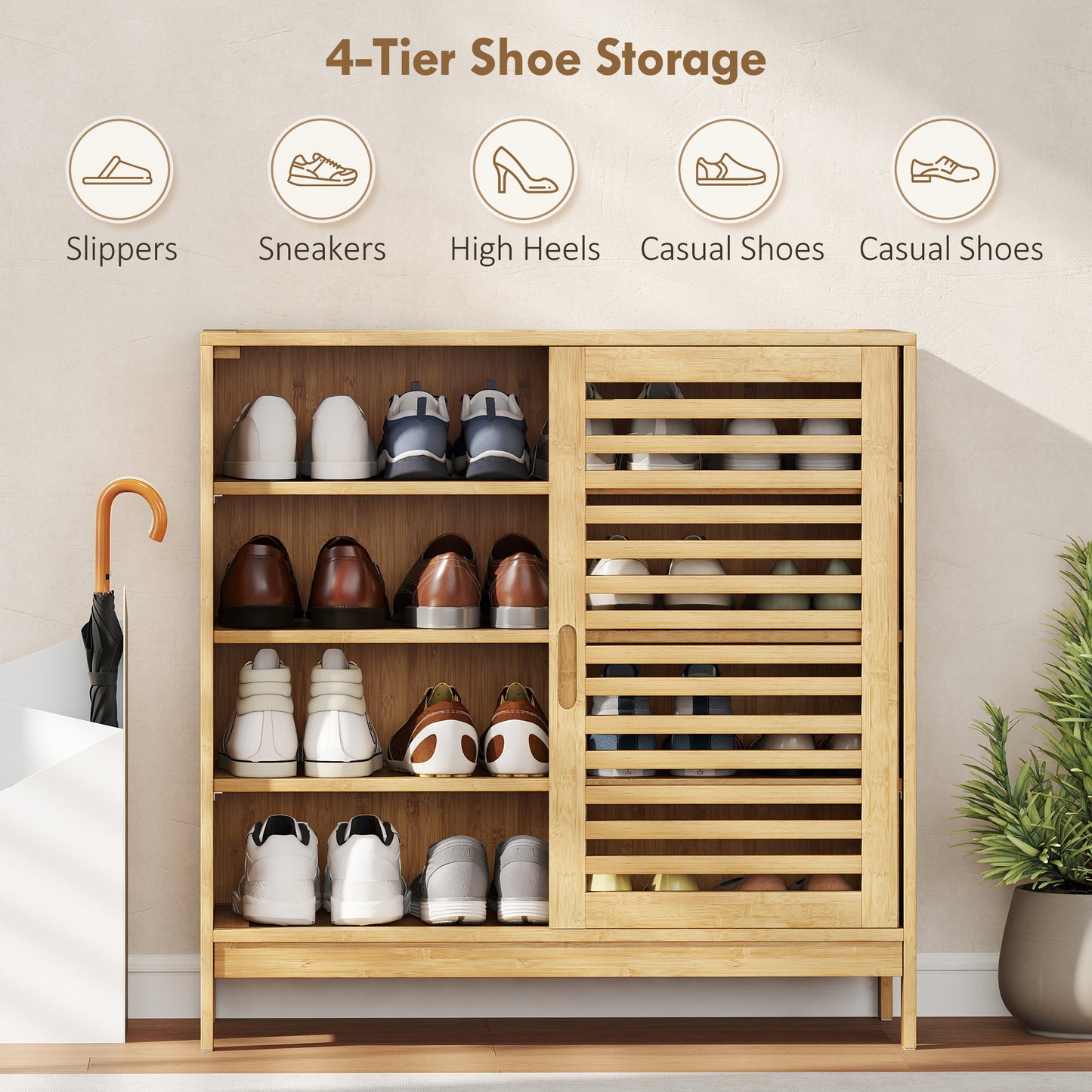 Homcom Bamboo Shoe Cabinet With Two Sliding Slat Doors And Adjustable Shelves For 16 Pairs Natural Finish