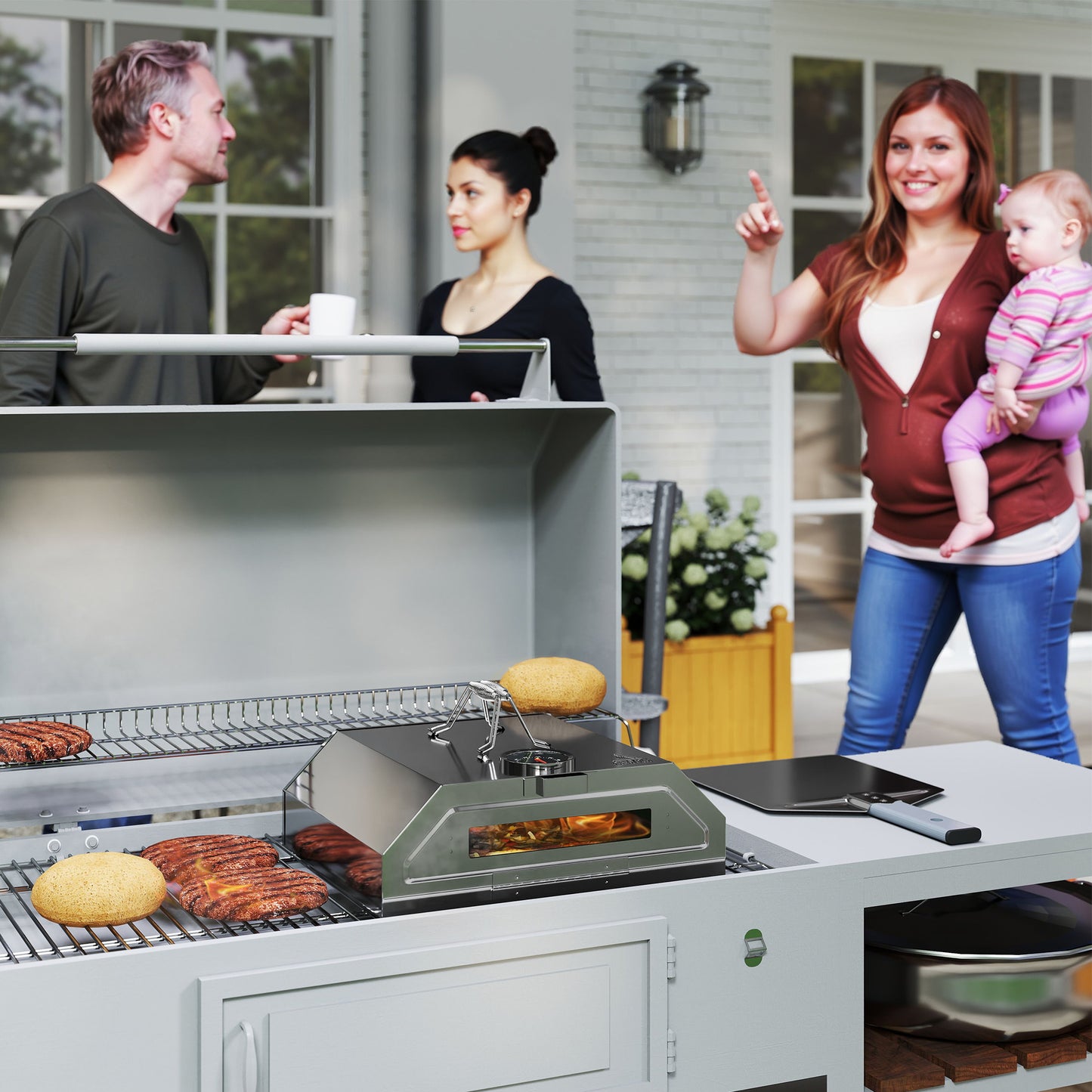 Outsunny 8 Inch Portable Stainless Steel BBQ Grill Top Pizza Oven With Built In Thermometer And Viewing Window