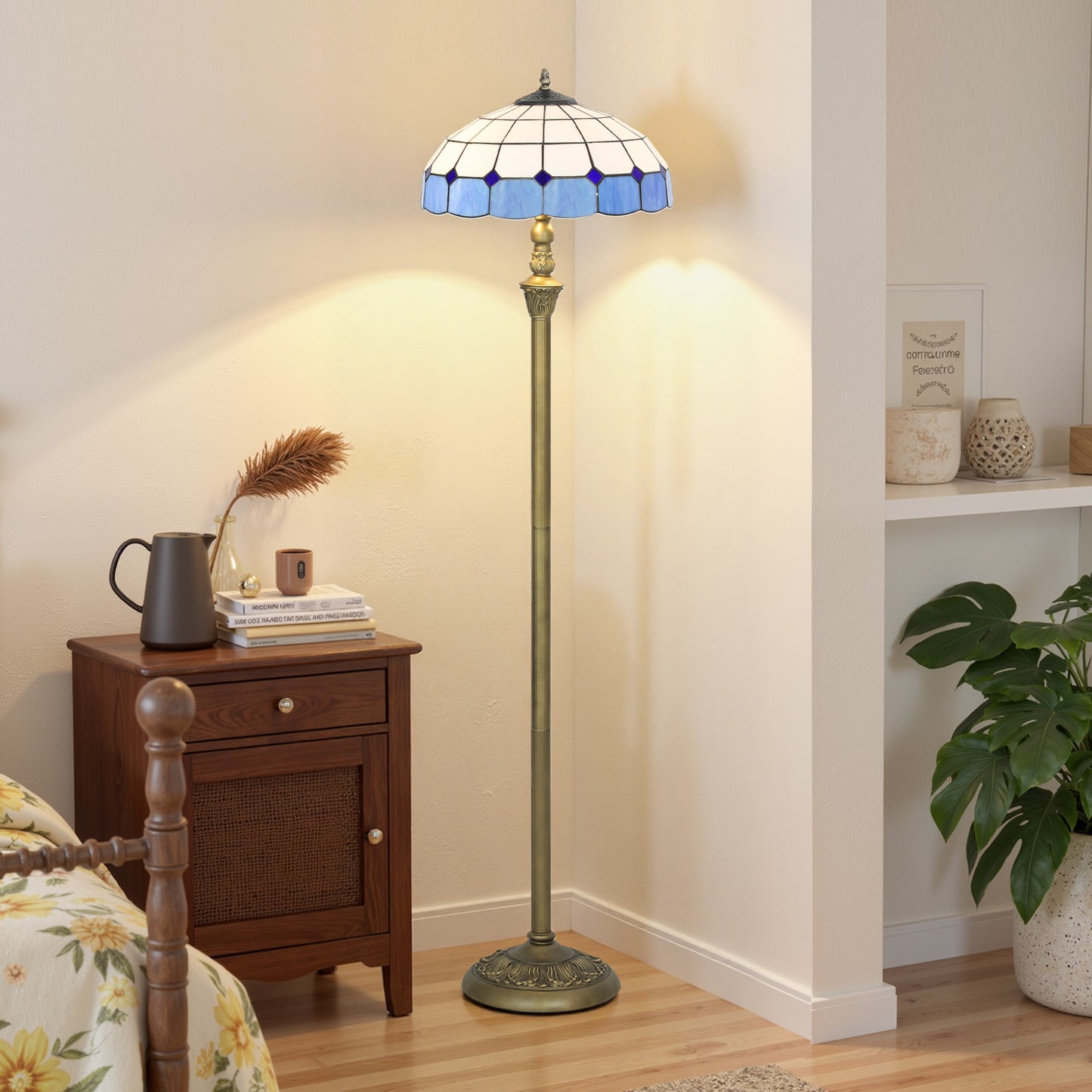 HOMCOM Tiffany Style Floor Lamp With Stained Glass Shade 152cm Tall Foot Switch Dual Sockets Bronze Blue Living Room
