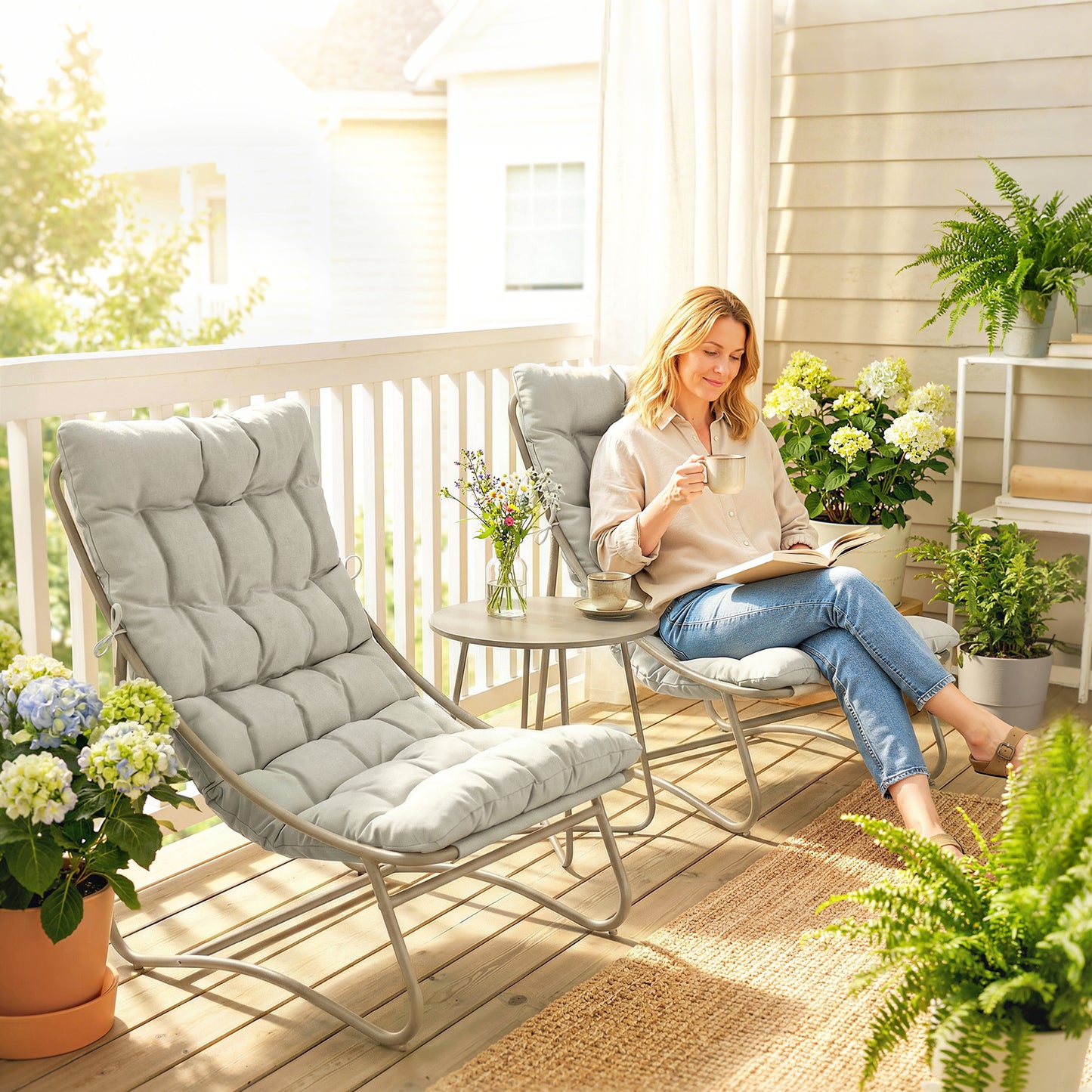 Outsunny 3 Piece Garden Bistro Set With Round Outdoor Table And Chairs For Two Texteline Seats And Cushions Light Grey