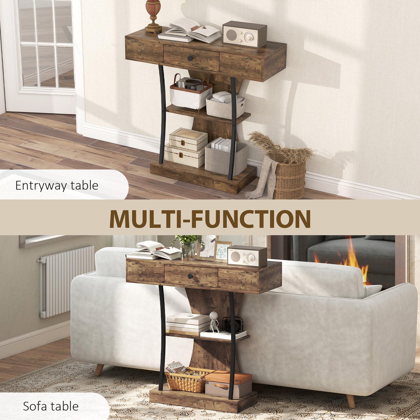 HOMCOM Console Table 3 Tier Industrial Hallway Table With Drawer And Storage Shelves Rustic Brown 91 32 87 cm