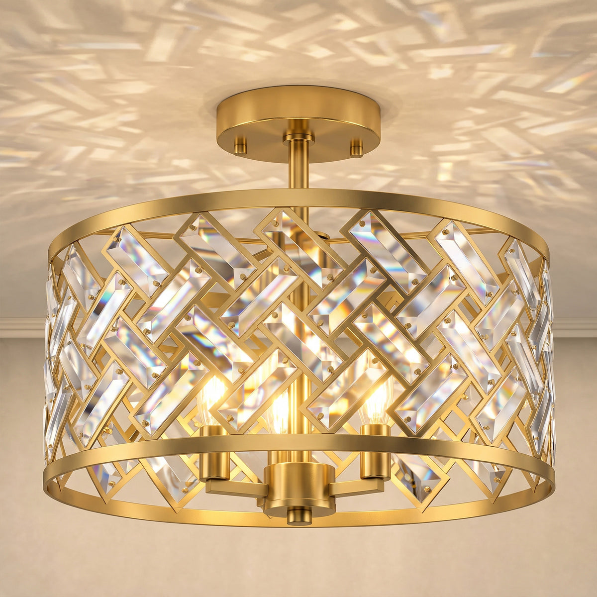 HOMCOM 3 Light Crystal Glass Ceiling Light with Gold Tone E14 Sockets