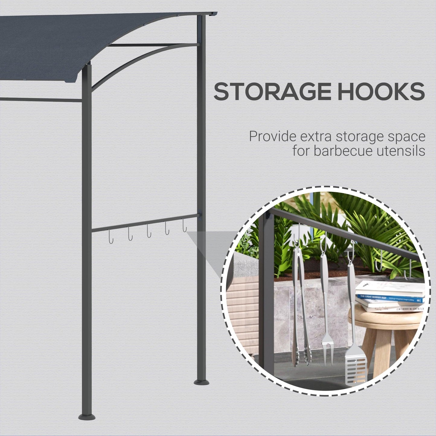 Outsunny 2M BBQ Gazebo Tent Sun Shade with Hooks Outdoor Patio Metal, Grey - ALL4U RETAILER LTD