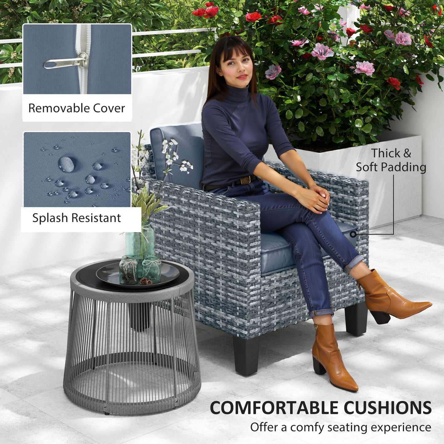 Outsunny Single Rattan Armchair With Cushions Light Grey Outdoor Garden Patio Furniture